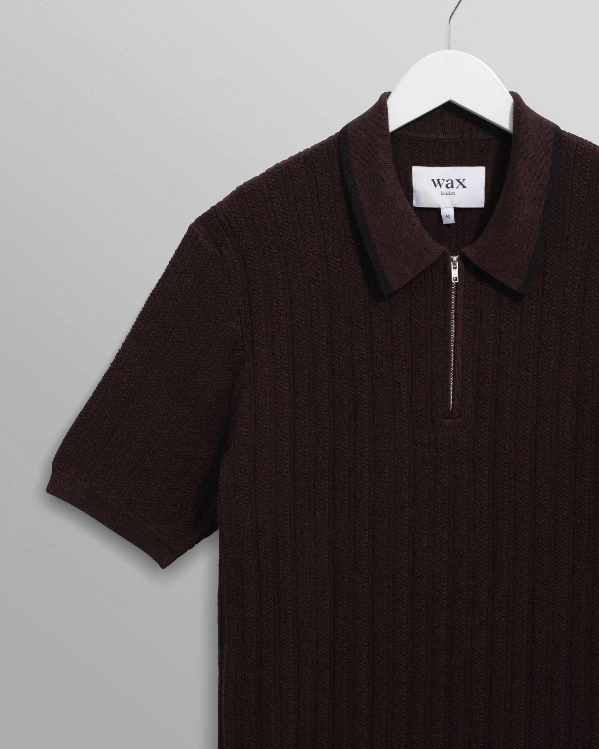 wax london men's Bury - Dark Brown Stripe Zip Polo