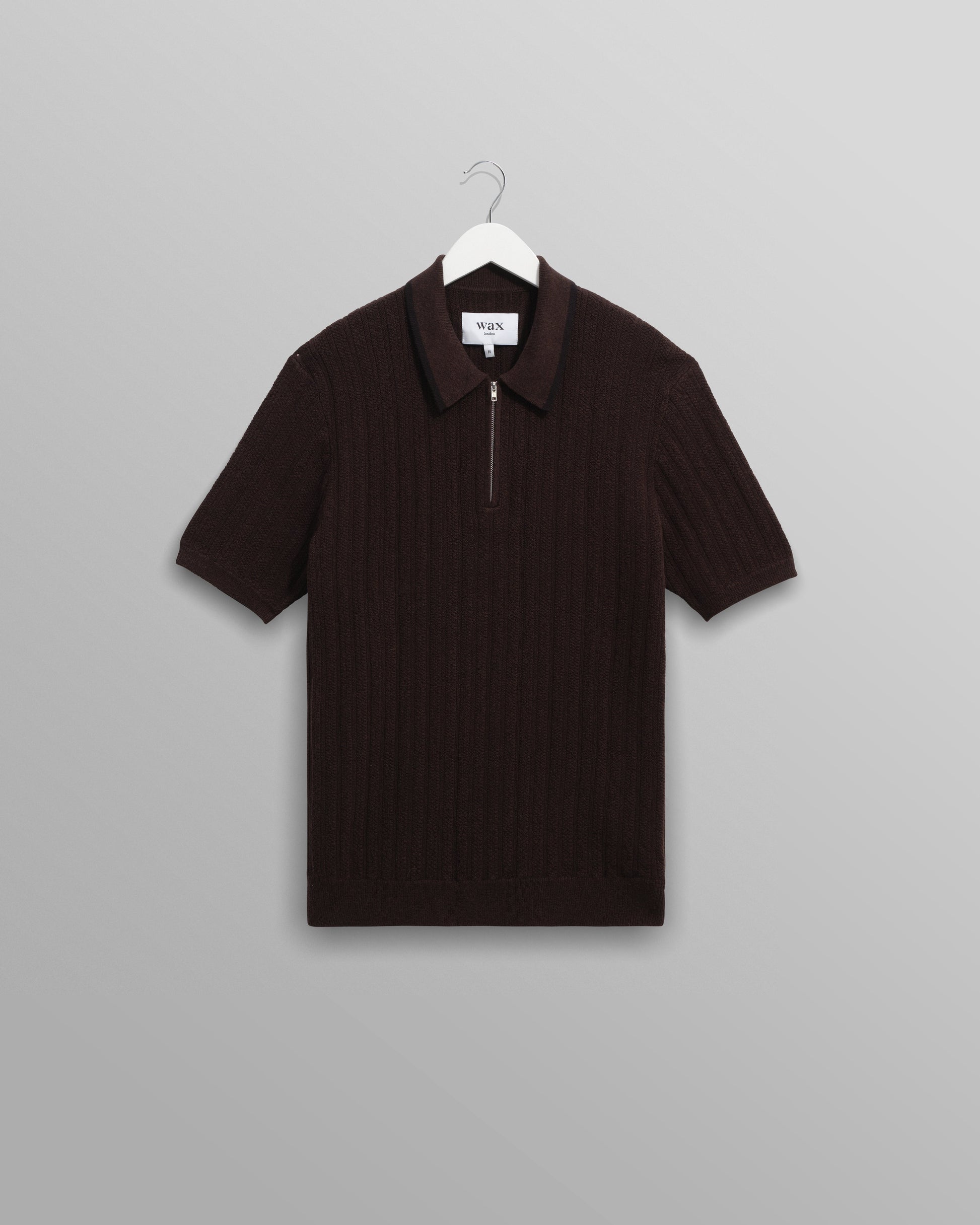 wax london men's Bury - Dark Brown Stripe Zip Polo