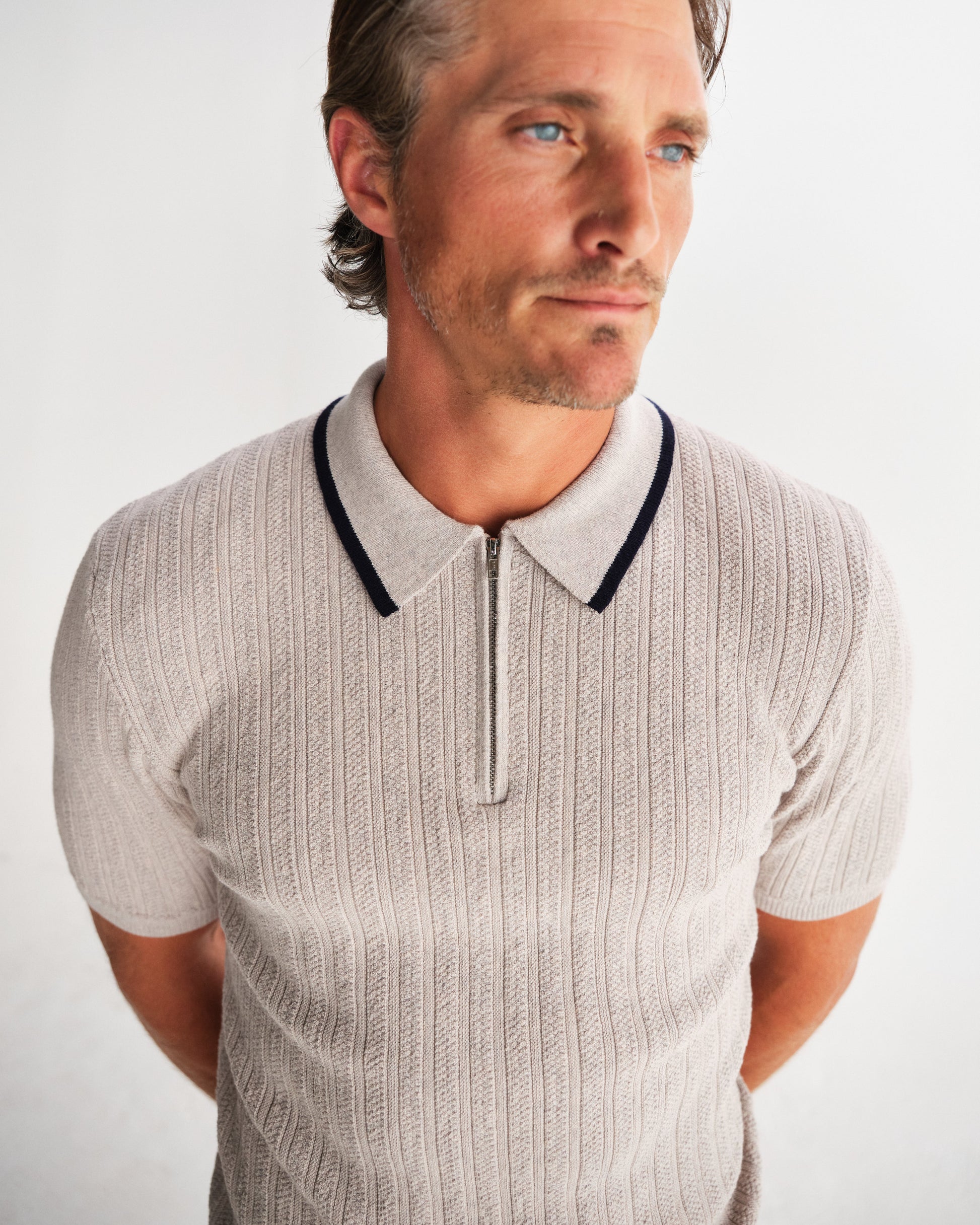 wax london men's Bury - Natural Melange Stripe Zip Polo
