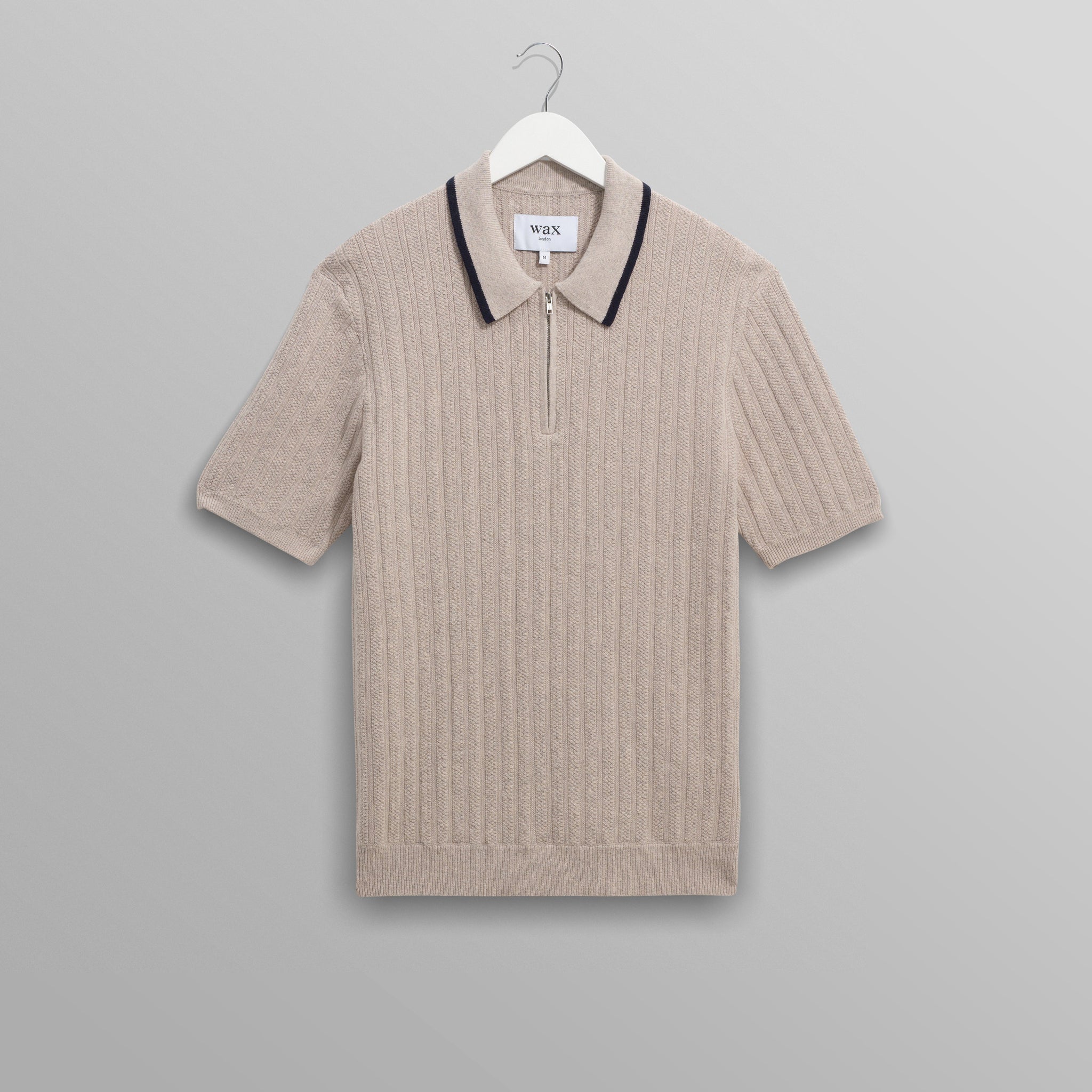 wax london men's Bury - Natural Melange Stripe Zip Polo