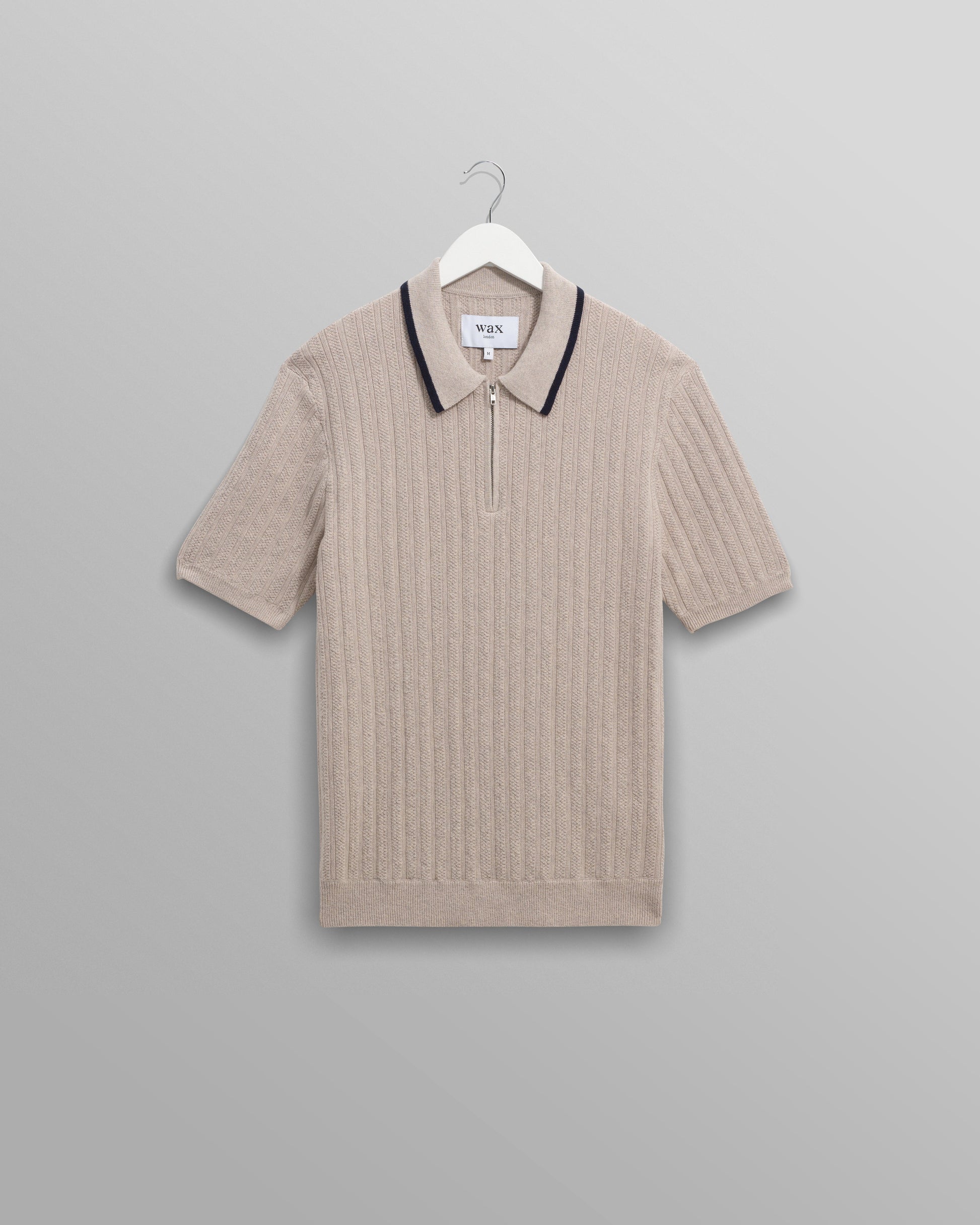 wax london men's Bury - Natural Melange Stripe Zip Polo