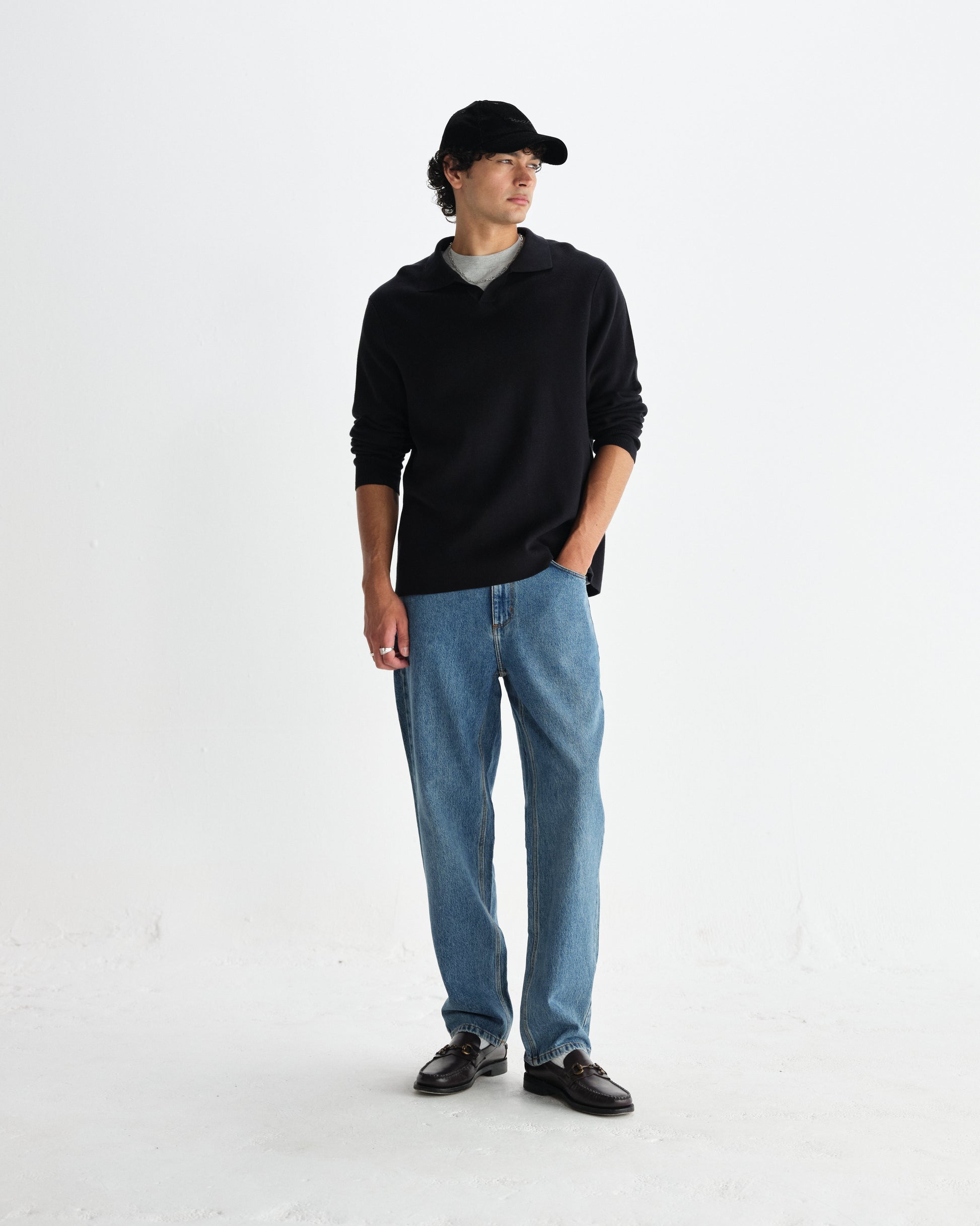 wax london men's Carter - Black Open Collar Milano Knit Polo
