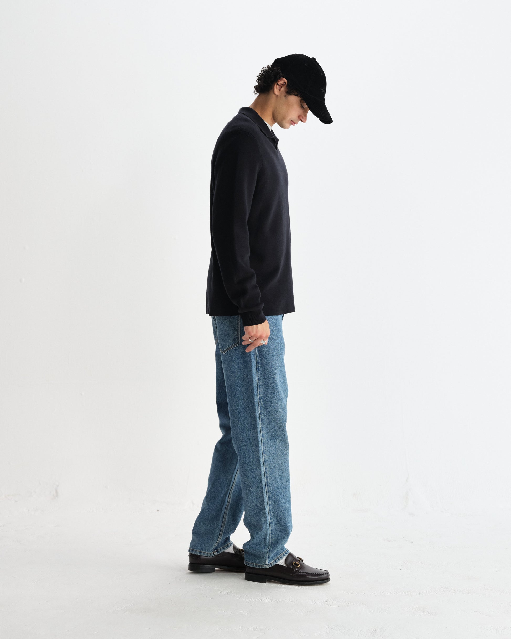wax london men's Carter - Black Open Collar Milano Knit Polo