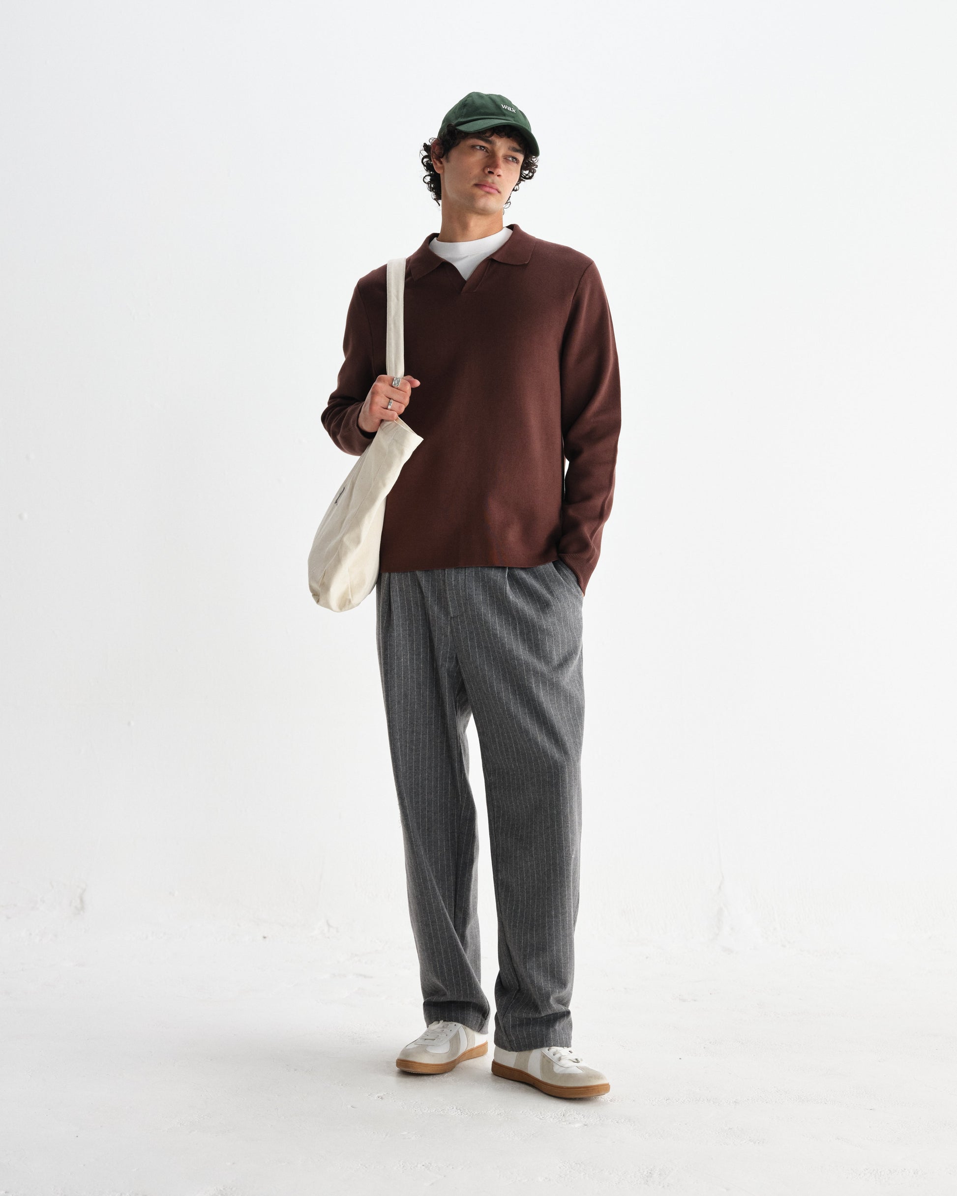 wax london men's Carter - Brown Open Collar Milano Knit Polo