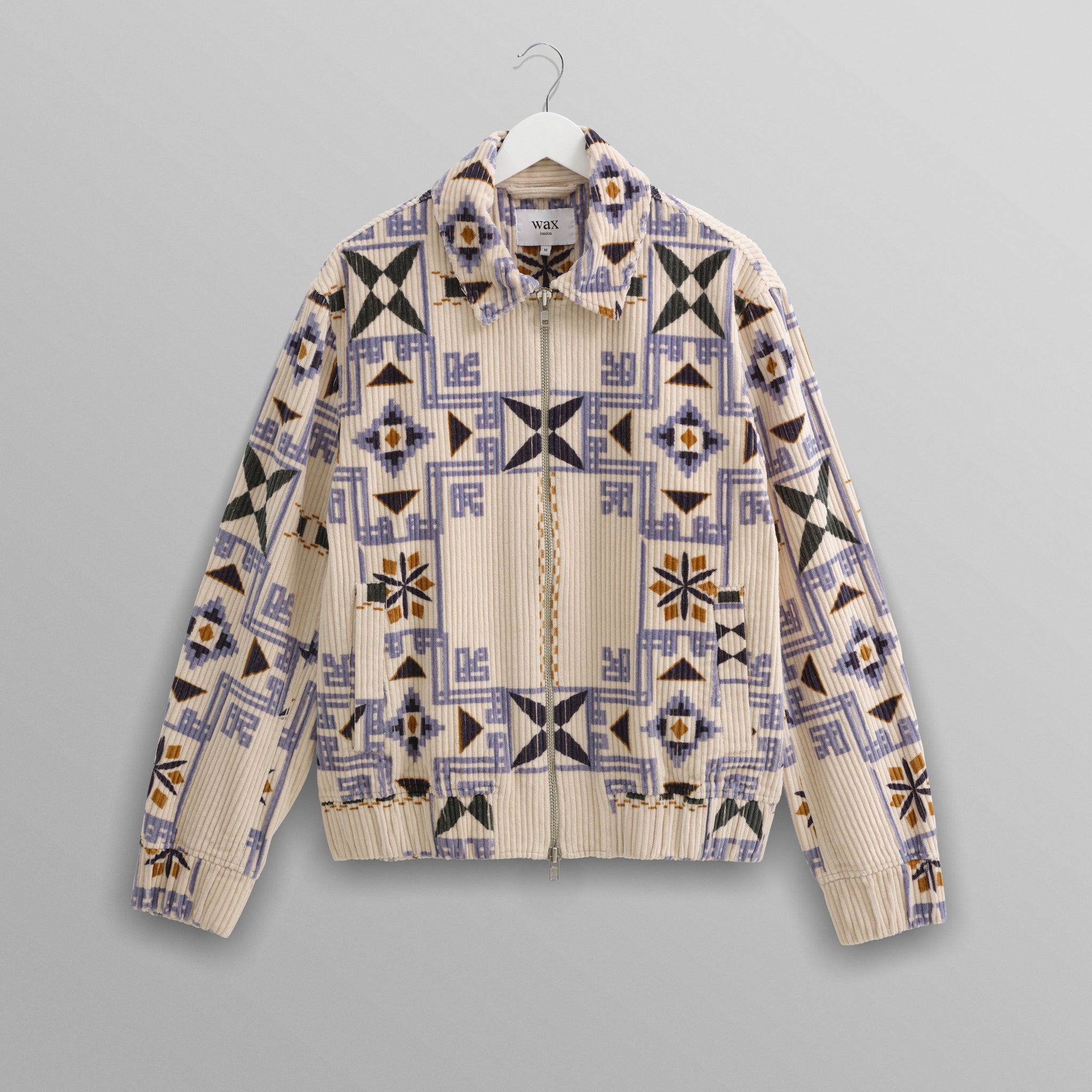 wax london men's Cartha - Ecru Geometric Corduroy Jacket