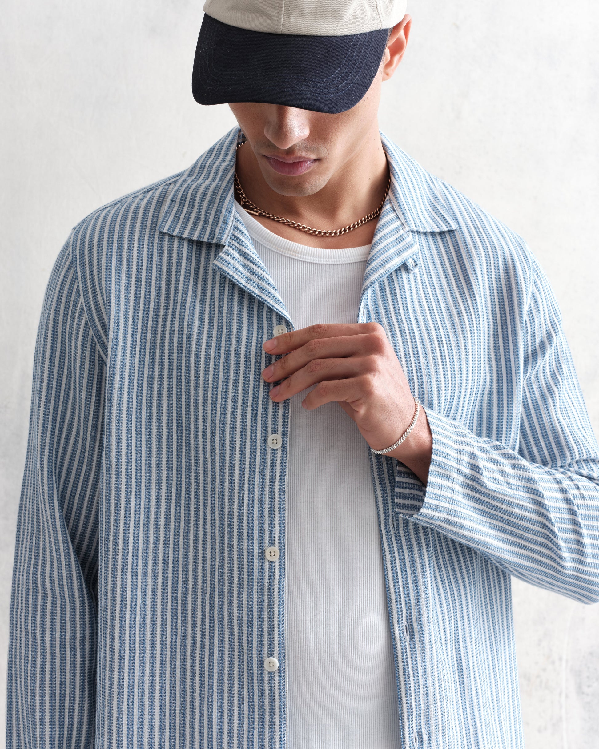 wax london men's Corey - Blue And White Twisted Stripe Cotton Shirt