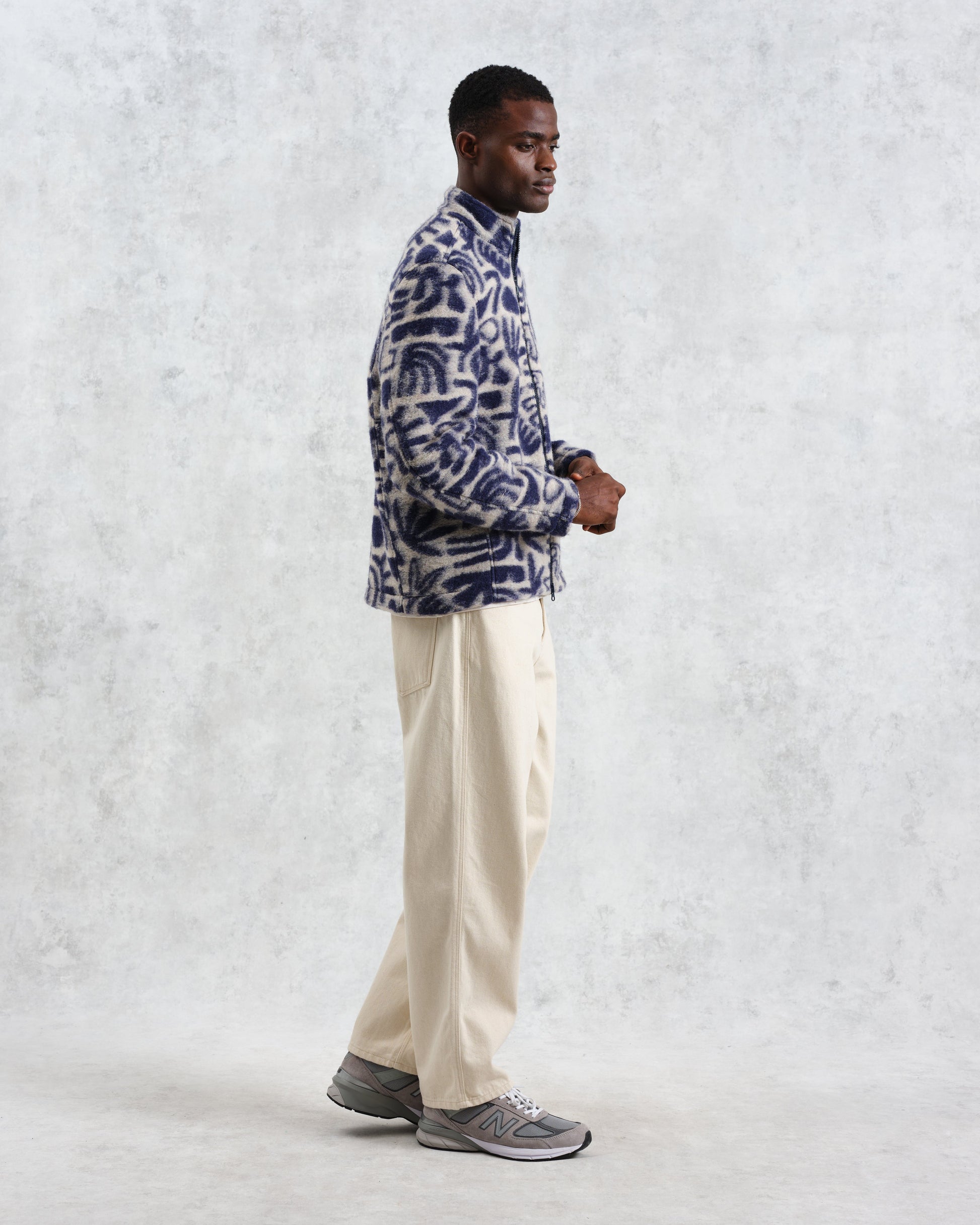 wax london men's Cozi - Ecru And Navy Squiggle Fleece Jacket