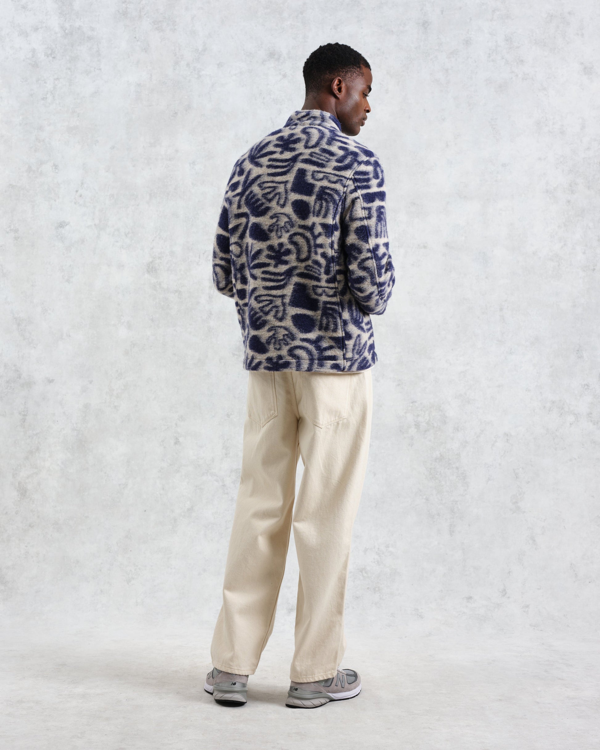 wax london men's Cozi - Ecru And Navy Squiggle Fleece Jacket