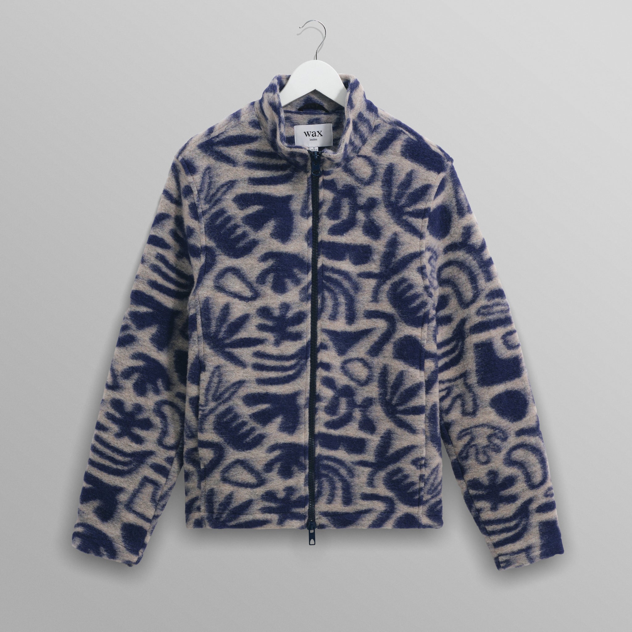 wax london men's Cozi - Ecru And Navy Squiggle Fleece Jacket