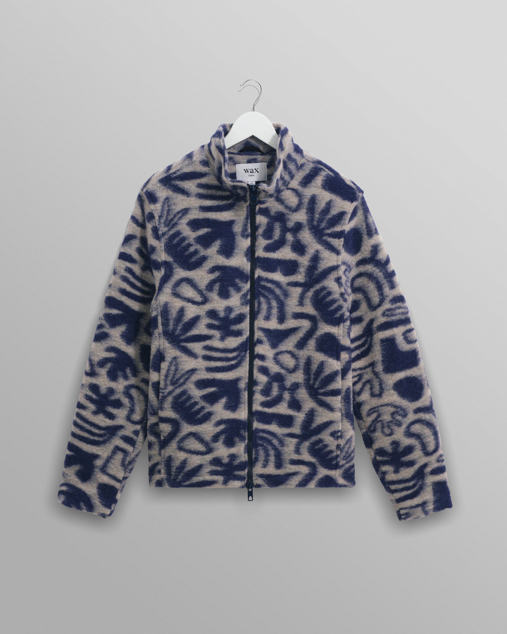 wax london men's Cozi - Ecru And Navy Squiggle Fleece Jacket