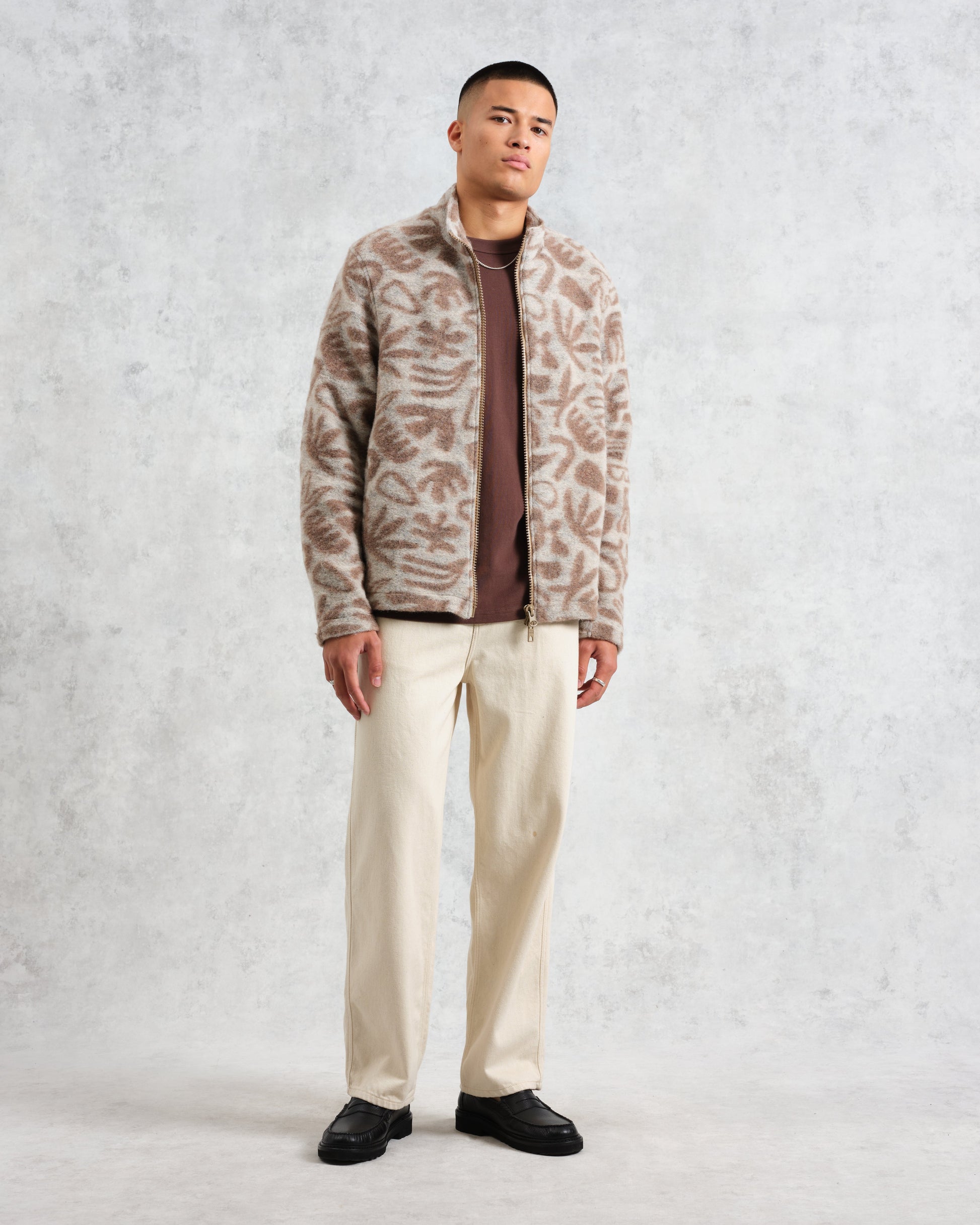 wax london men's Cozi - Ecru Squiggle Fleece Jacket
