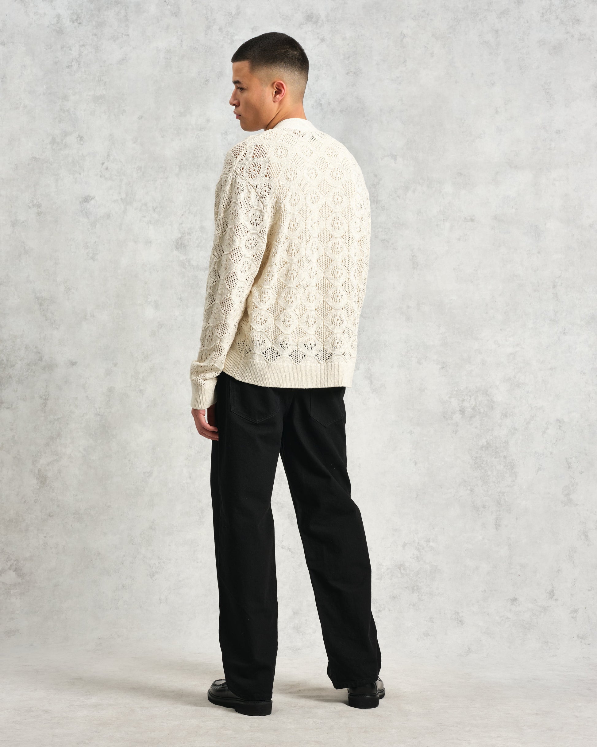 wax london men's Crosby - Ecru Pointelle Cotton Cardigan