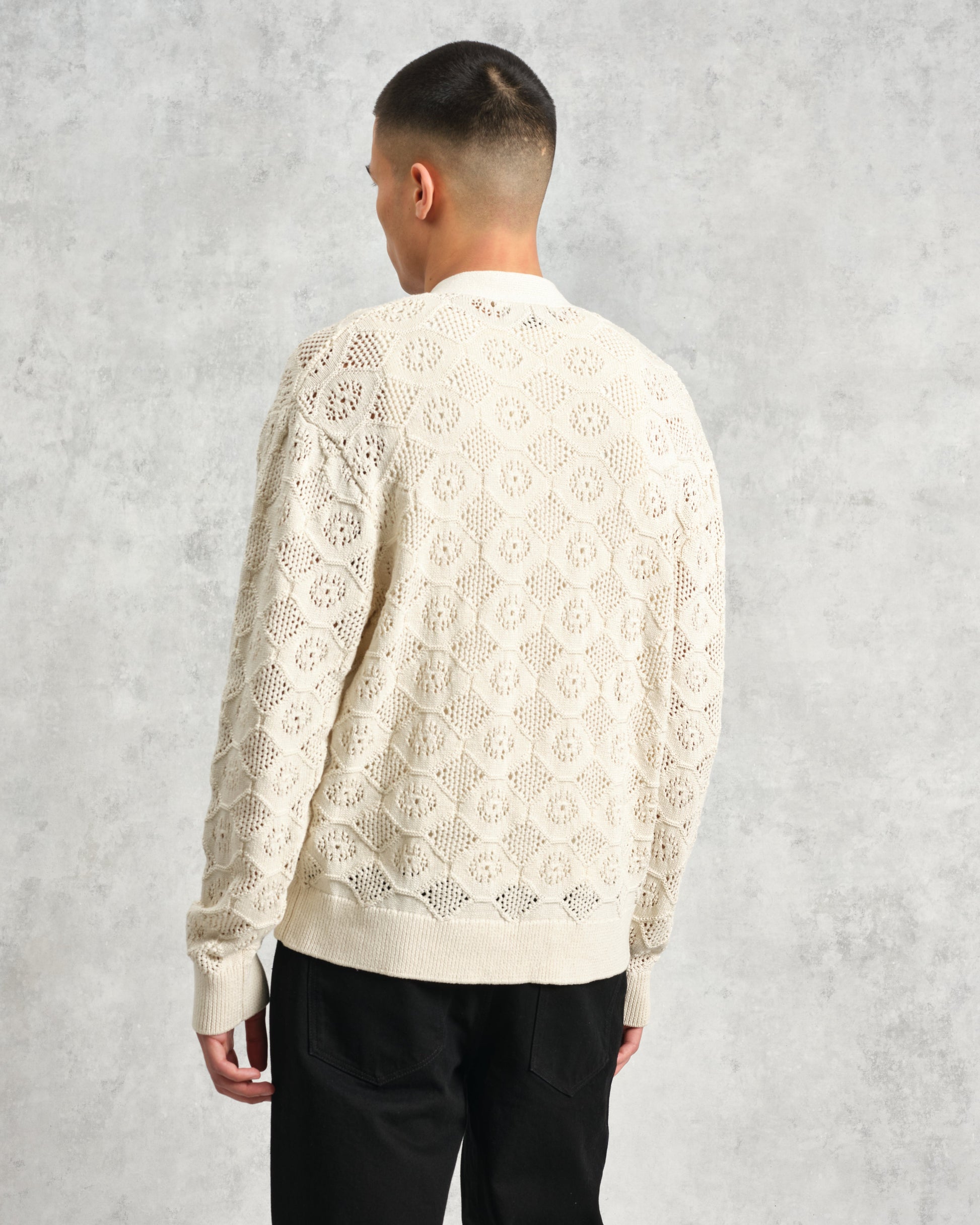 wax london men's Crosby - Ecru Pointelle Cotton Cardigan
