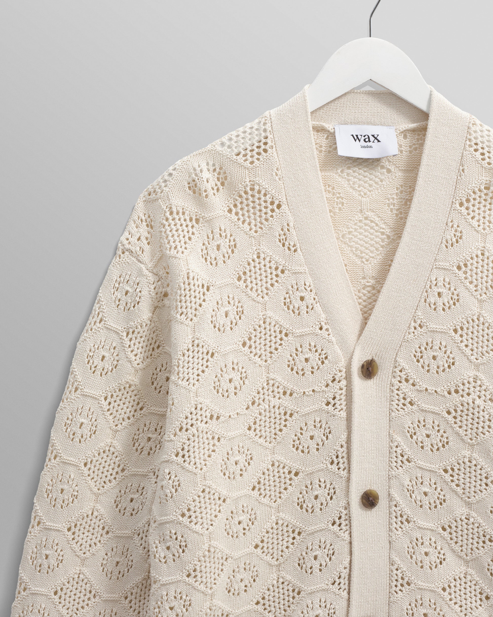 wax london men's Crosby - Ecru Pointelle Cotton Cardigan