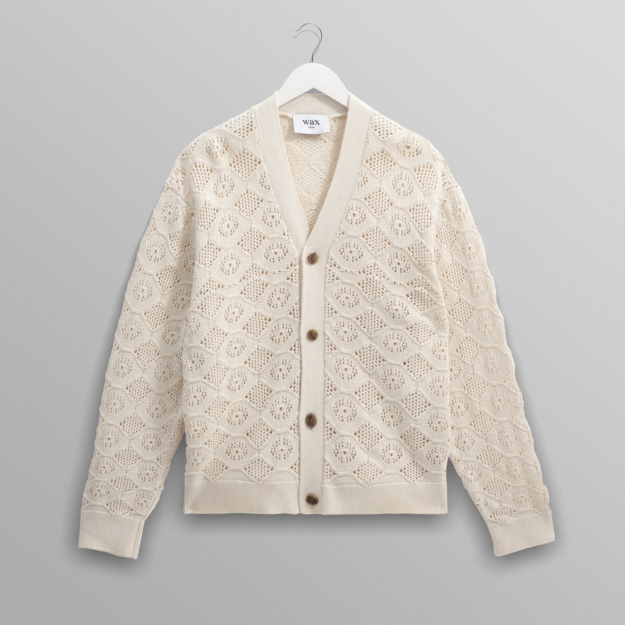 wax london men's Crosby - Ecru Pointelle Cotton Cardigan