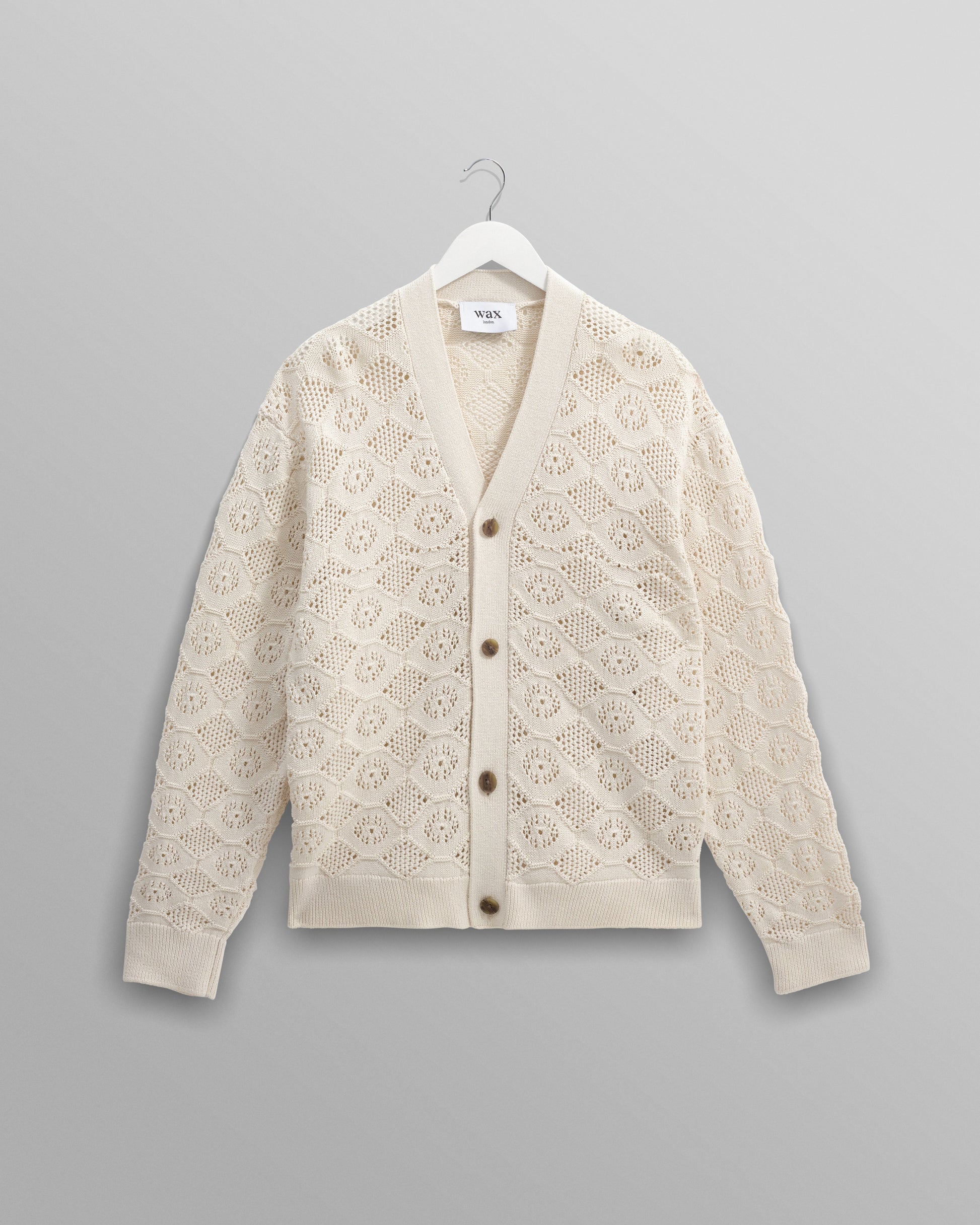 wax london men's Crosby - Ecru Pointelle Cotton Cardigan