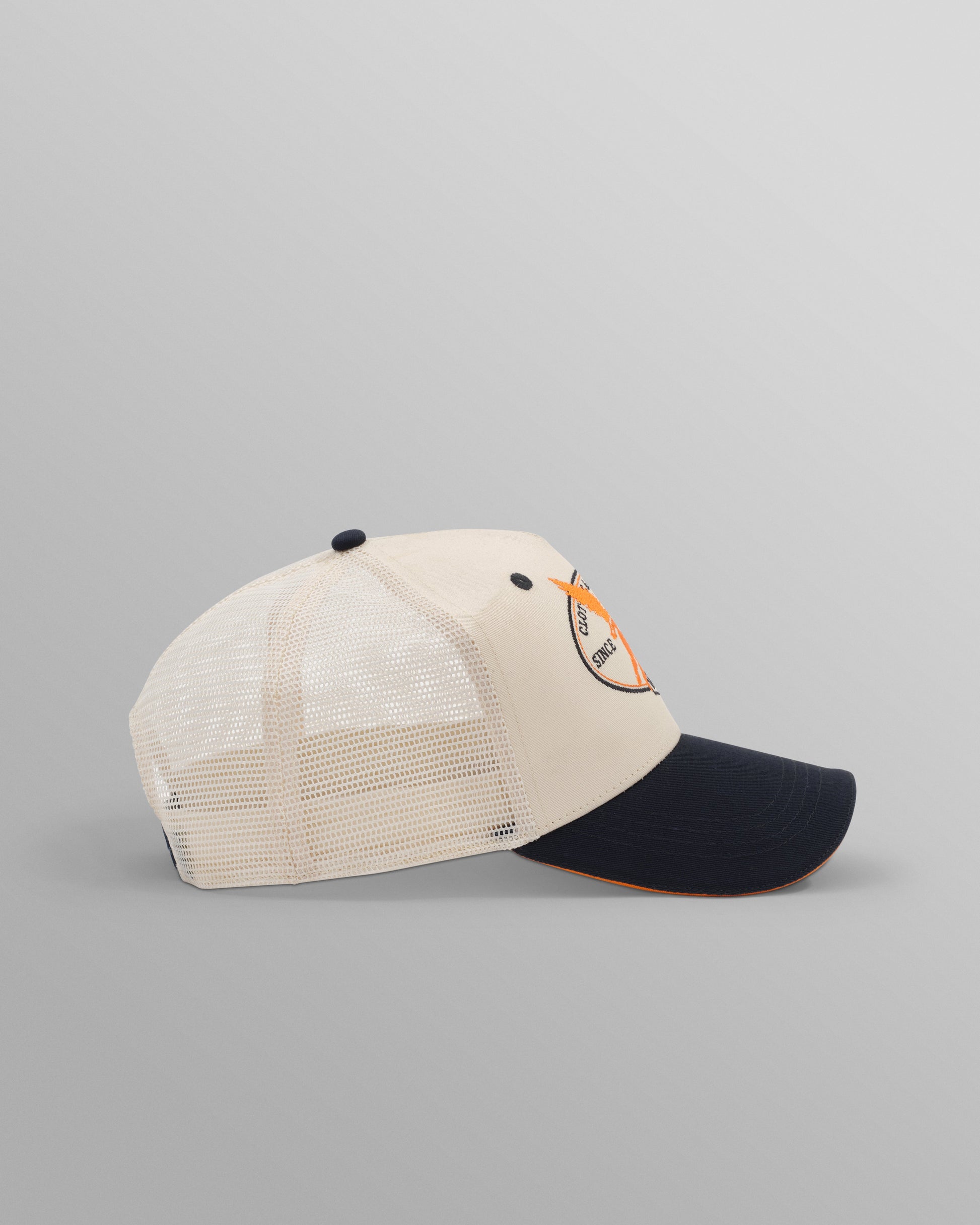 wax london men's Dale - Ecru And Navy Cherub Trucker Cap