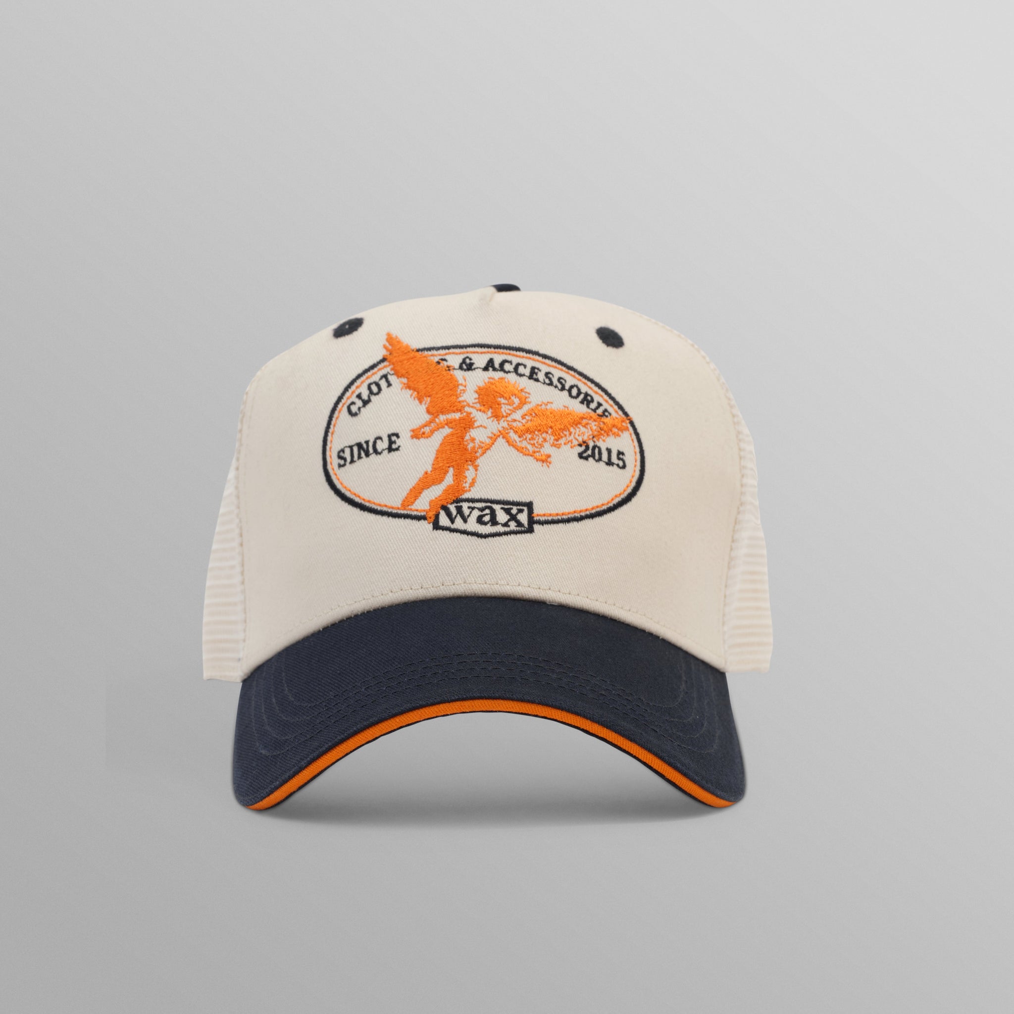 wax london men's Dale - Ecru And Navy Cherub Trucker Cap