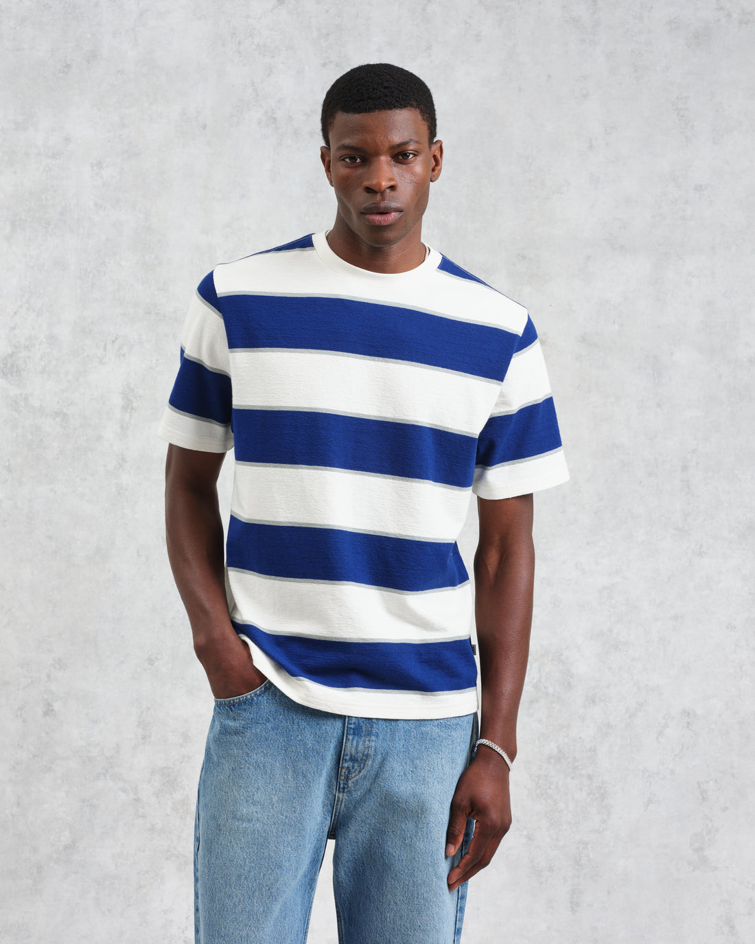 wax london men's Dean - Blue And Ecru Stripe Textured Organic Cotton T-Shirt