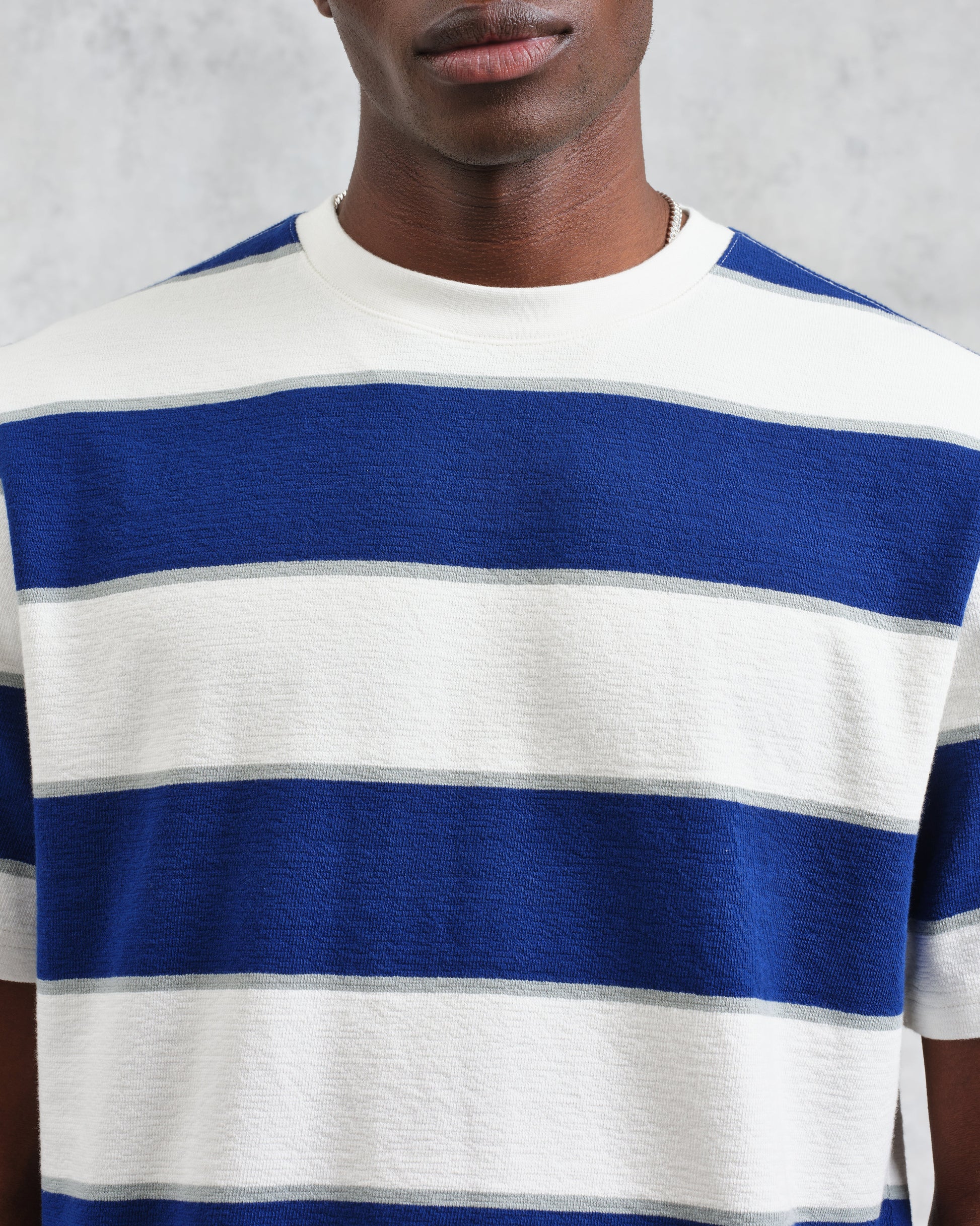 wax london men's Dean - Blue And Ecru Stripe Textured Organic Cotton T-Shirt