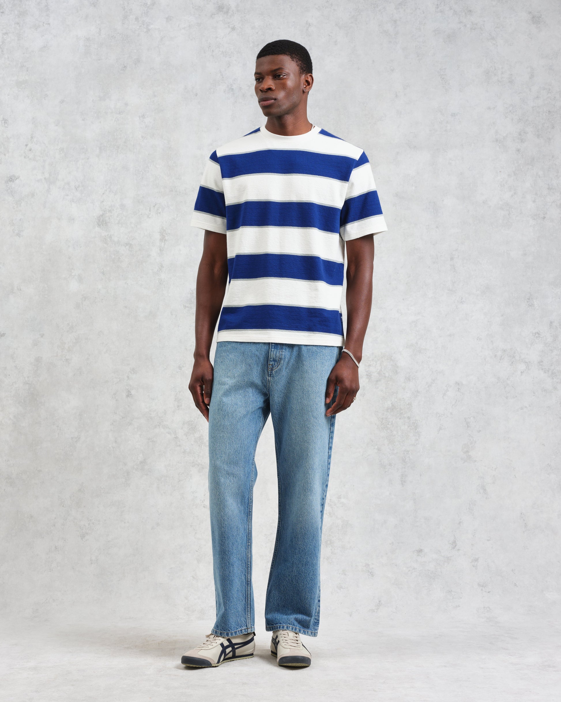 wax london men's Dean - Blue And Ecru Stripe Textured Organic Cotton T-Shirt