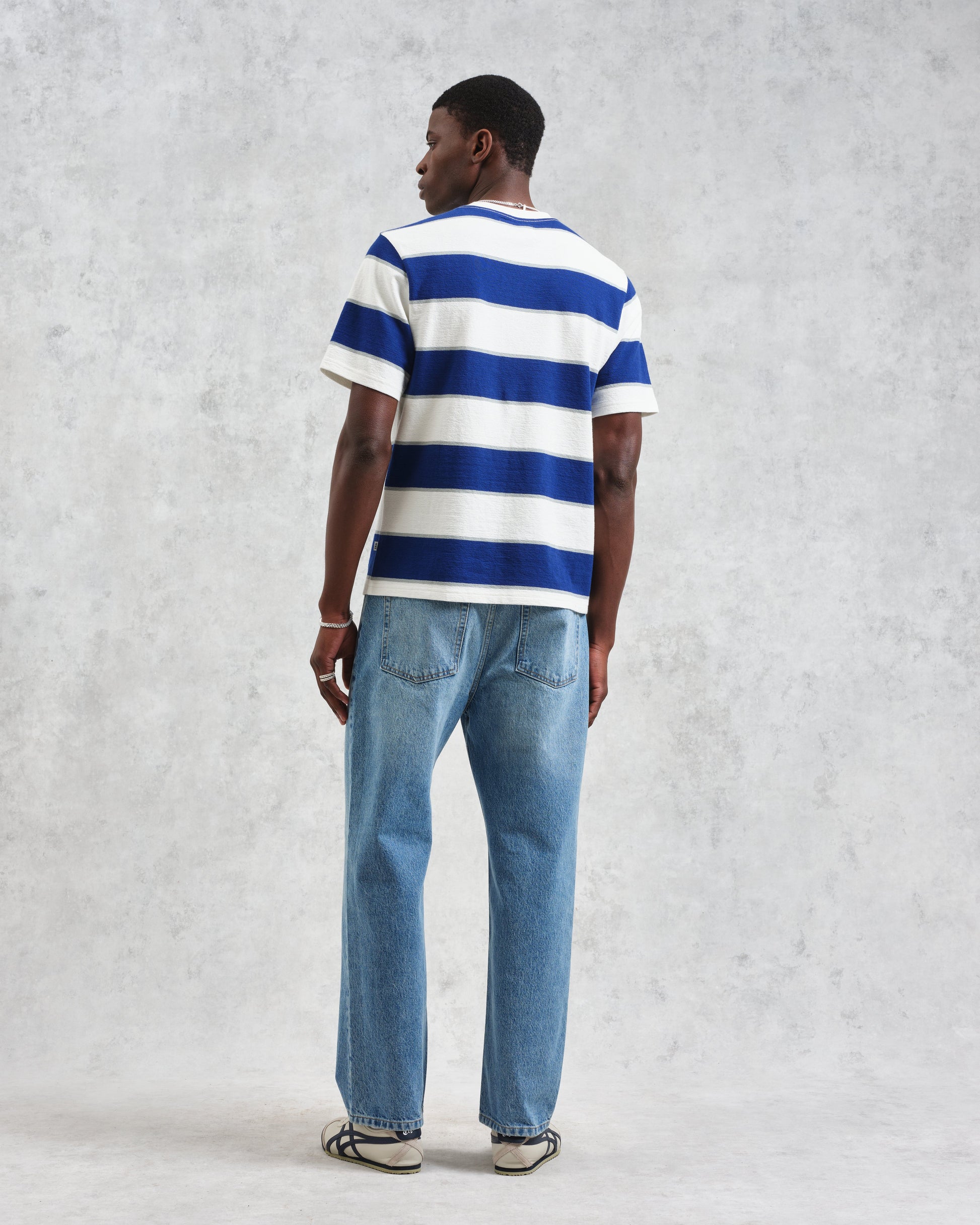 wax london men's Dean - Blue And Ecru Stripe Textured Organic Cotton T-Shirt