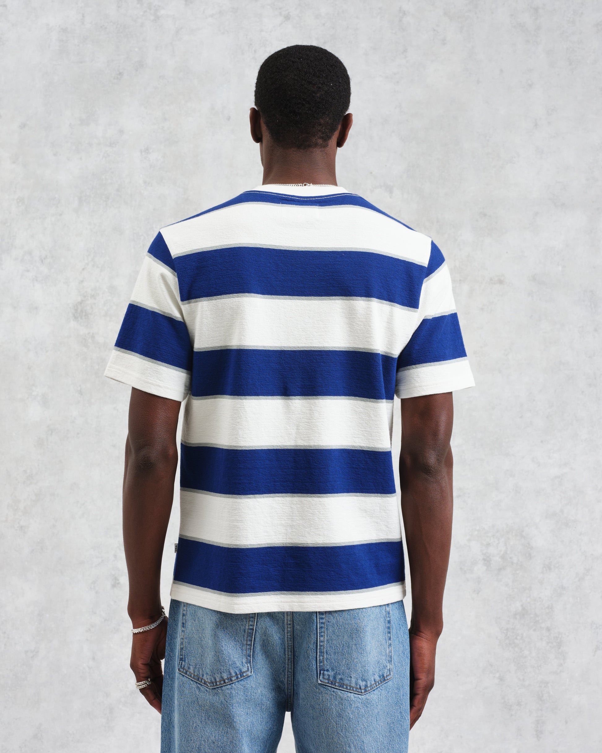 wax london men's Dean - Blue And Ecru Stripe Textured Organic Cotton T-Shirt