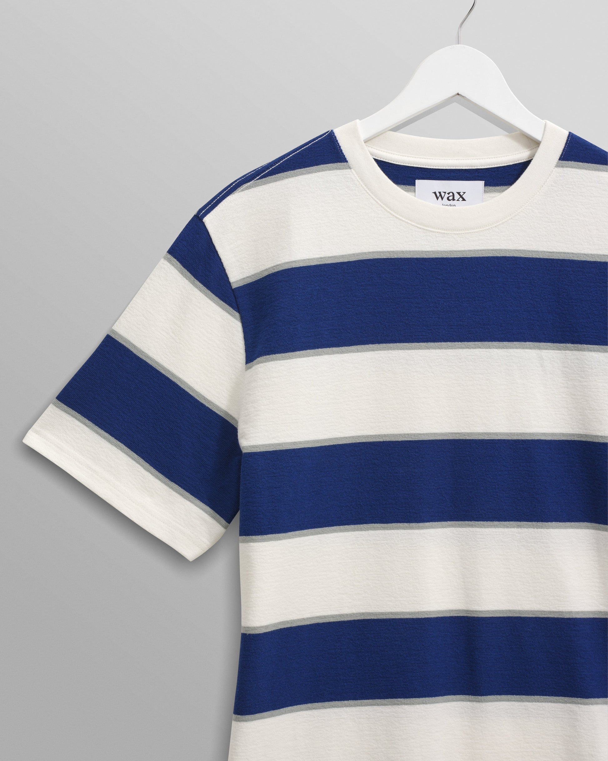 wax london men's Dean - Blue And Ecru Stripe Textured Organic Cotton T-Shirt