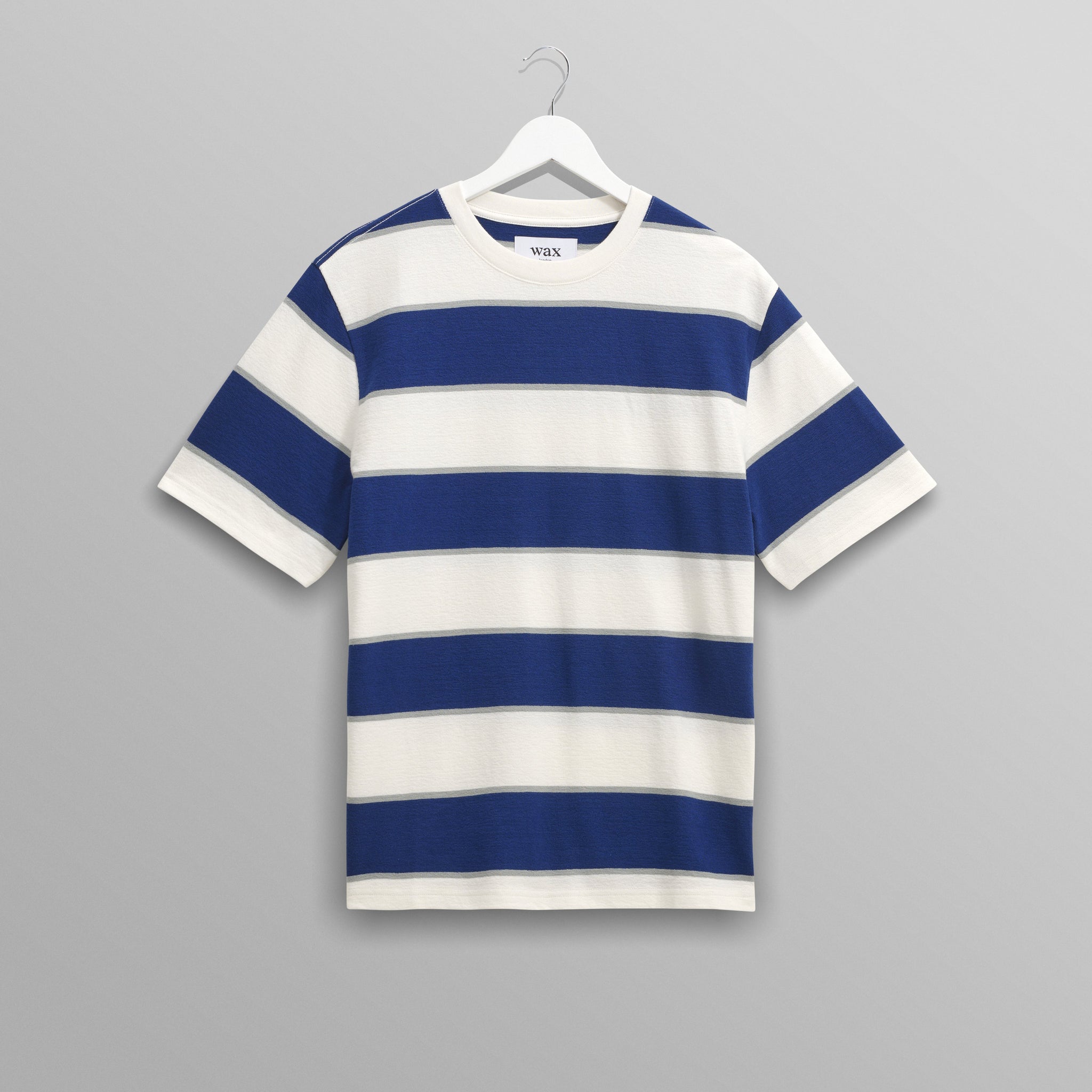 wax london men's Dean - Blue And Ecru Stripe Textured Organic Cotton T-Shirt