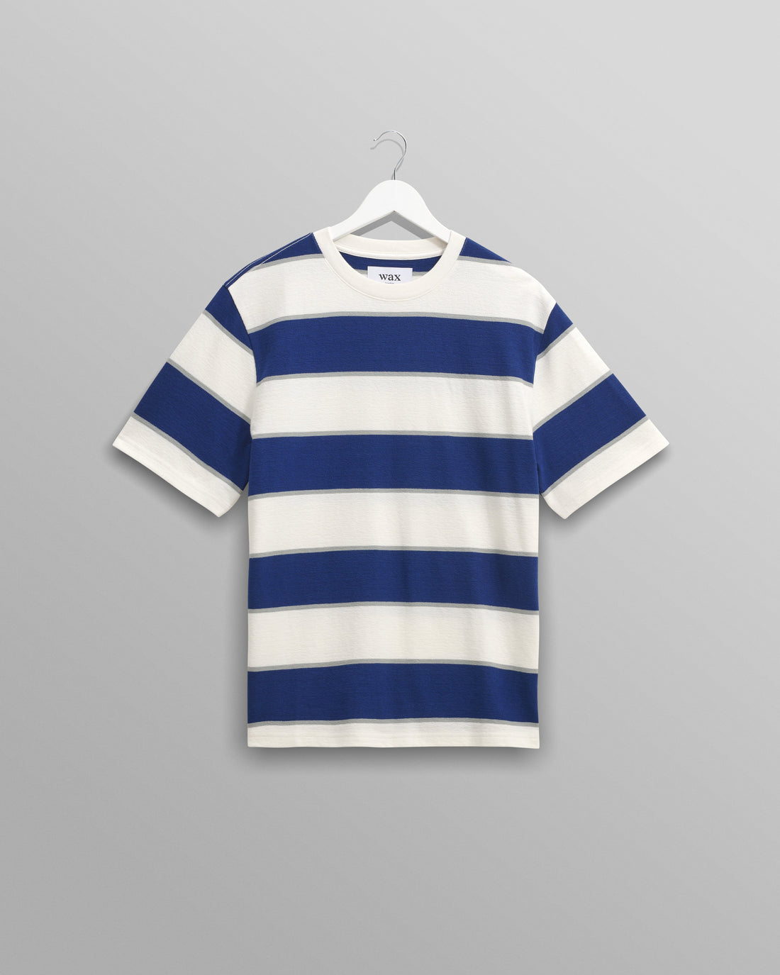 wax london men's Dean - Blue And Ecru Stripe Textured Organic Cotton T-Shirt