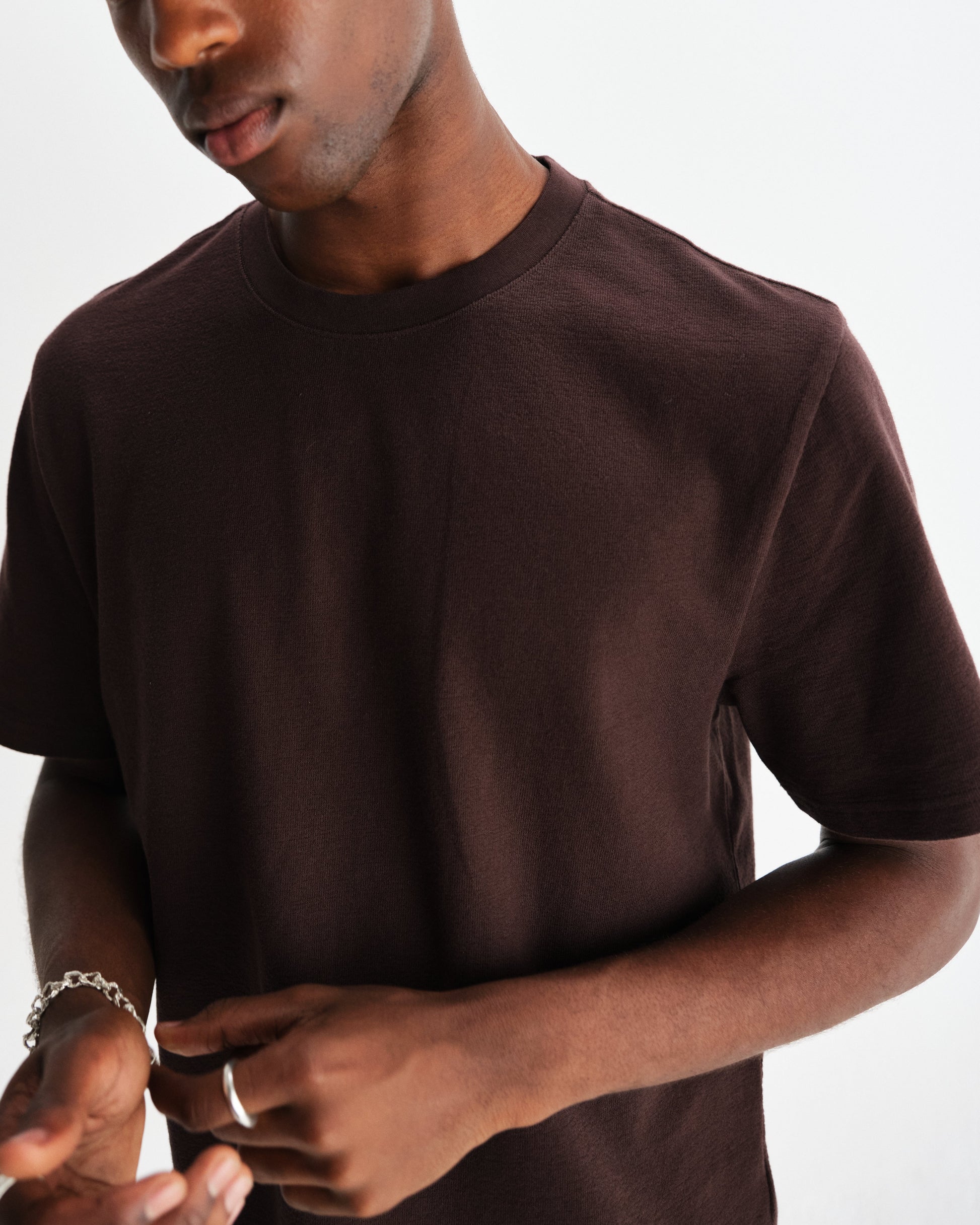 wax london men's Dean - Dark Brown Textured Organic Cotton T-Shirt