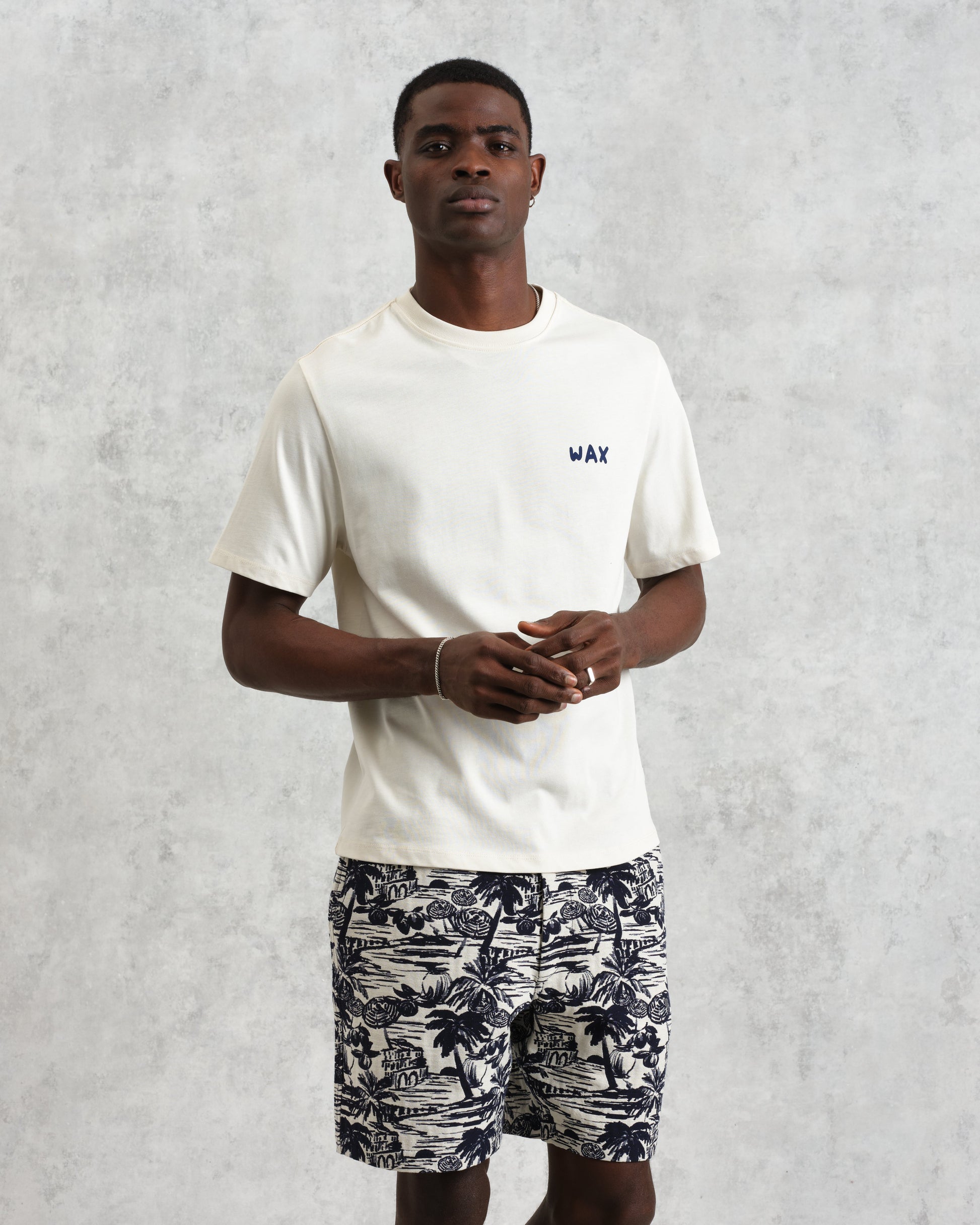 wax london men's Dean - Ecru And Blue Doodle Scene Graphic Cotton T-Shirt