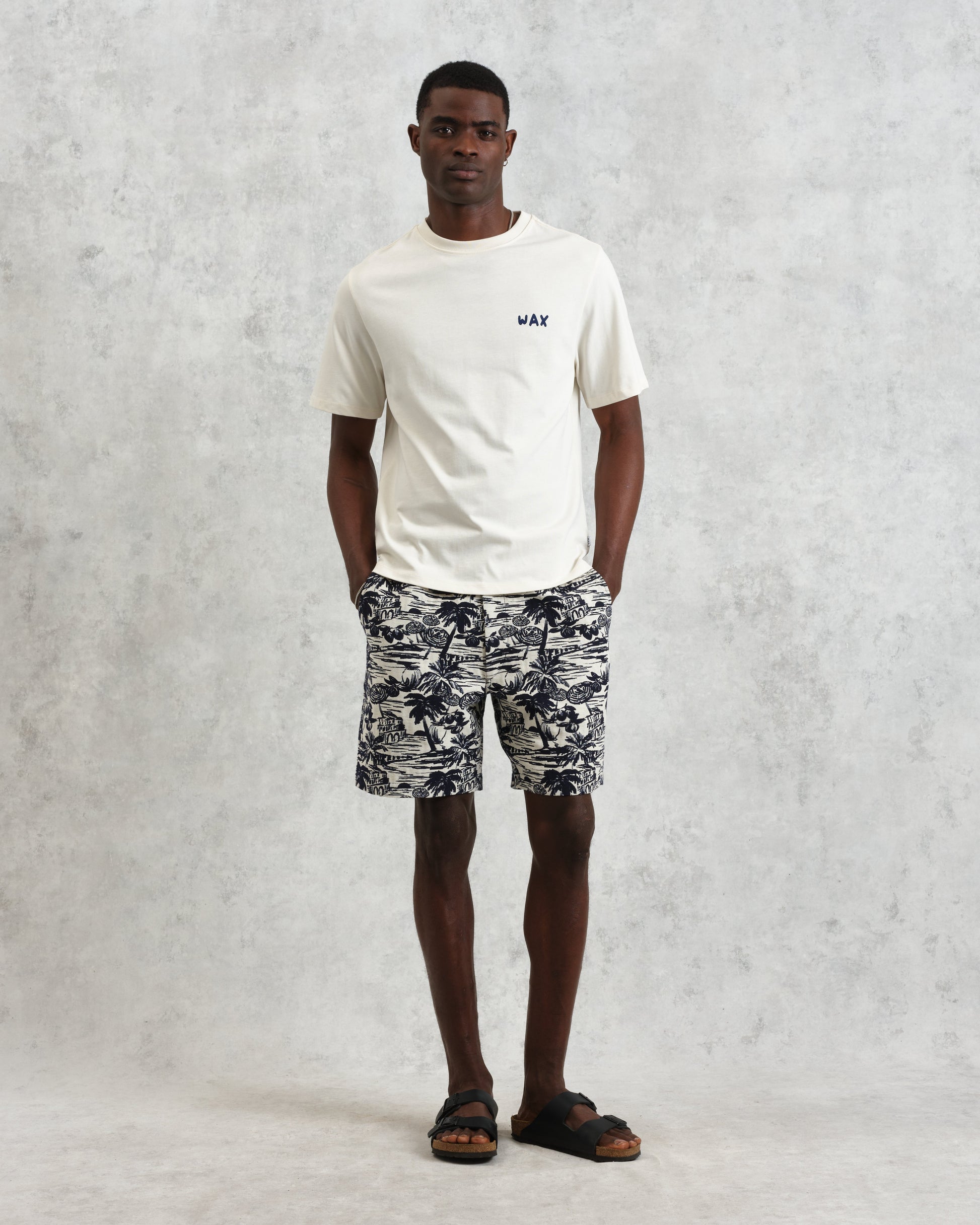 wax london men's Dean - Ecru And Blue Doodle Scene Graphic Cotton T-Shirt