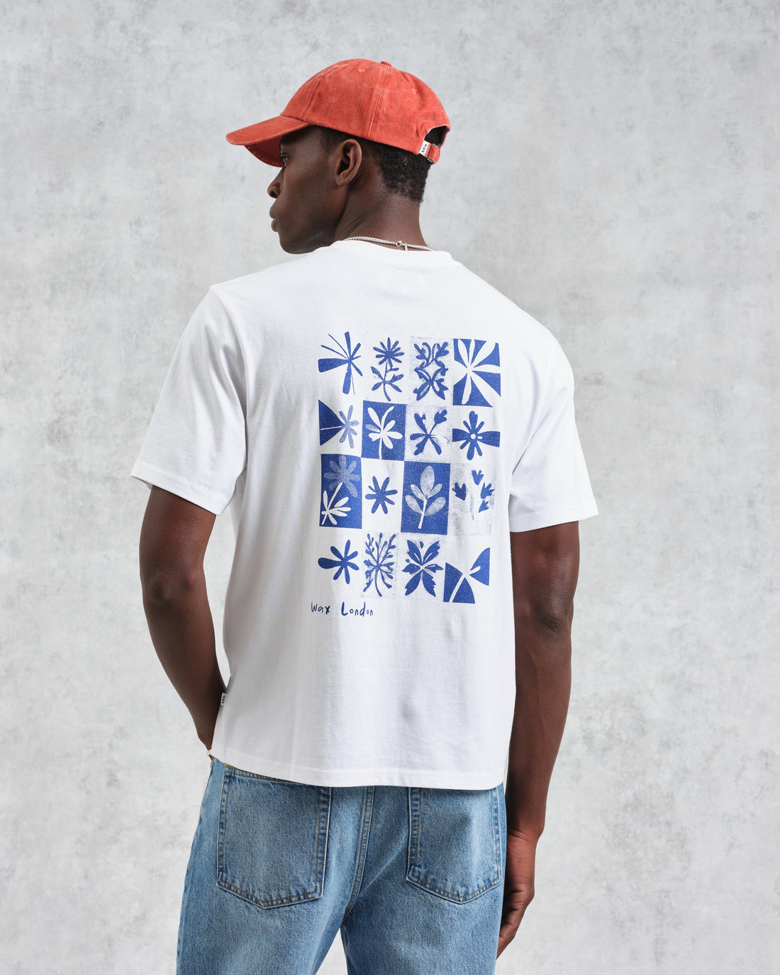 wax london men's Dean - Ecru And Blue Floral Graphic Organic Cotton T-Shirt