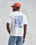 wax london men's Dean - Ecru And Blue Floral Graphic Organic Cotton T-Shirt