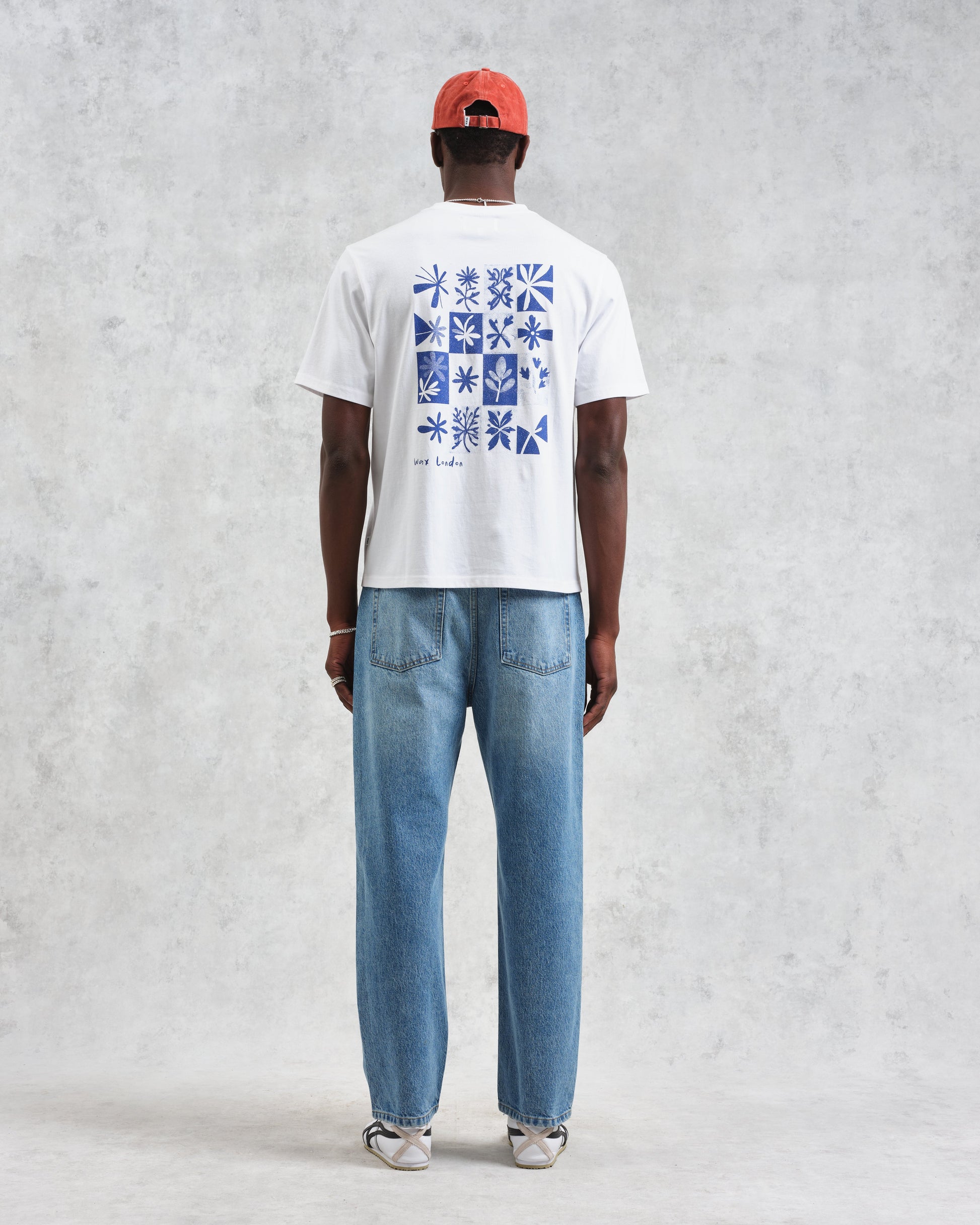 wax london men's Dean - Ecru And Blue Floral Graphic Organic Cotton T-Shirt