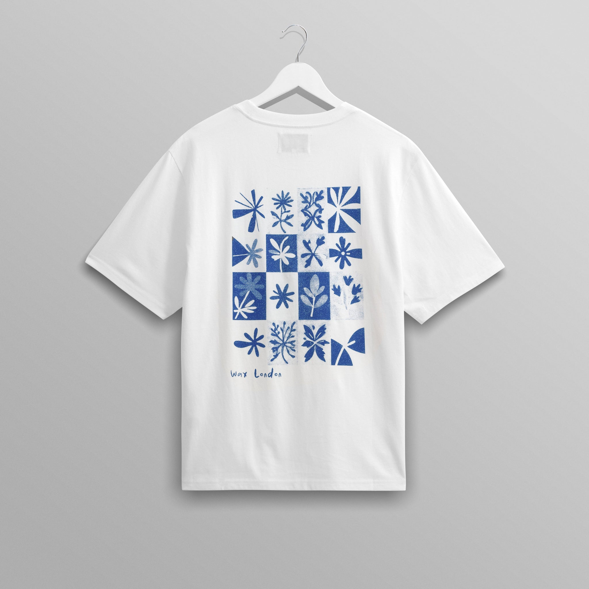 wax london men's Dean - Ecru And Blue Floral Graphic Organic Cotton T-Shirt