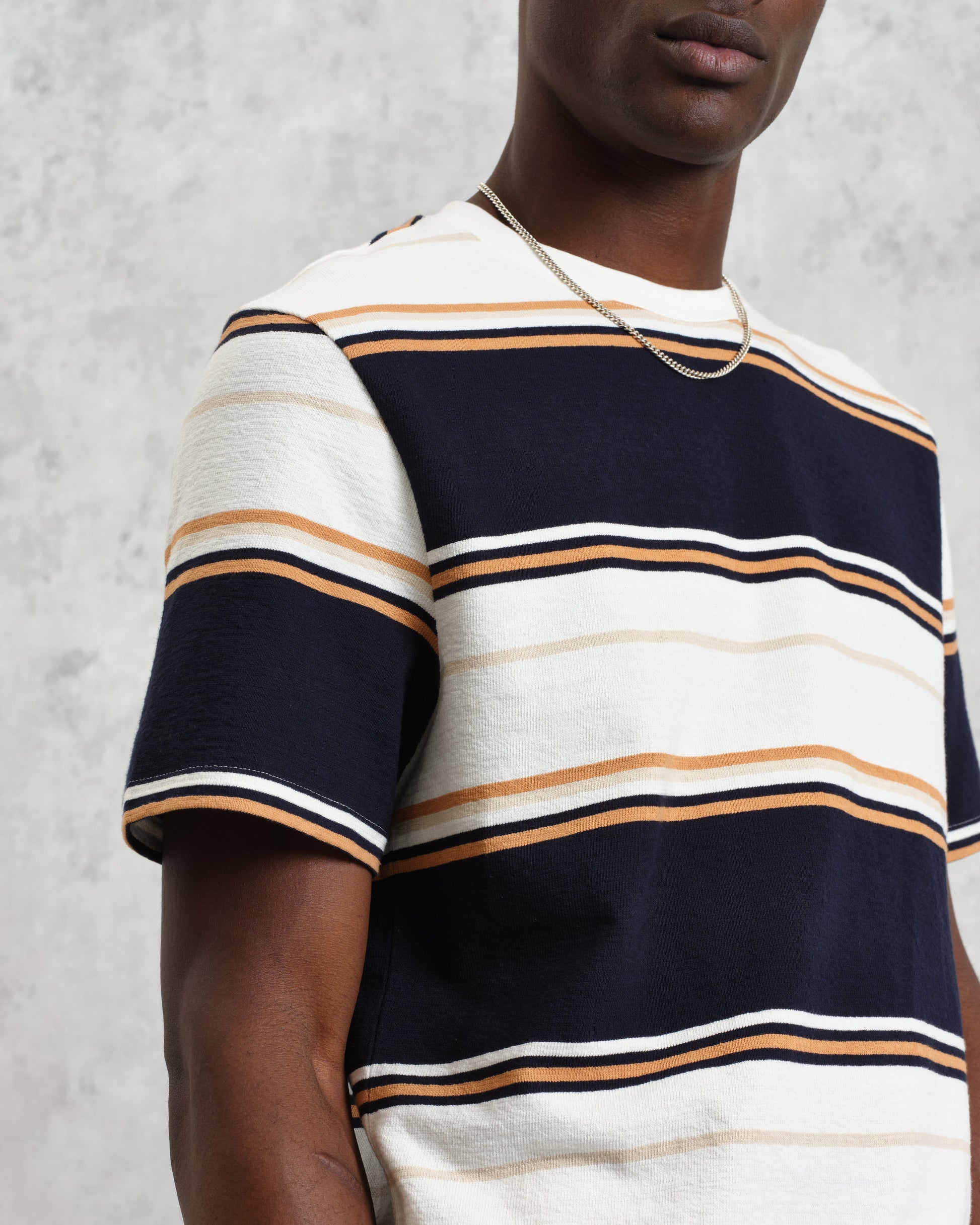 wax london men's Dean - Navy And Ecru Stripe Textured Organic Cotton T-Shirt