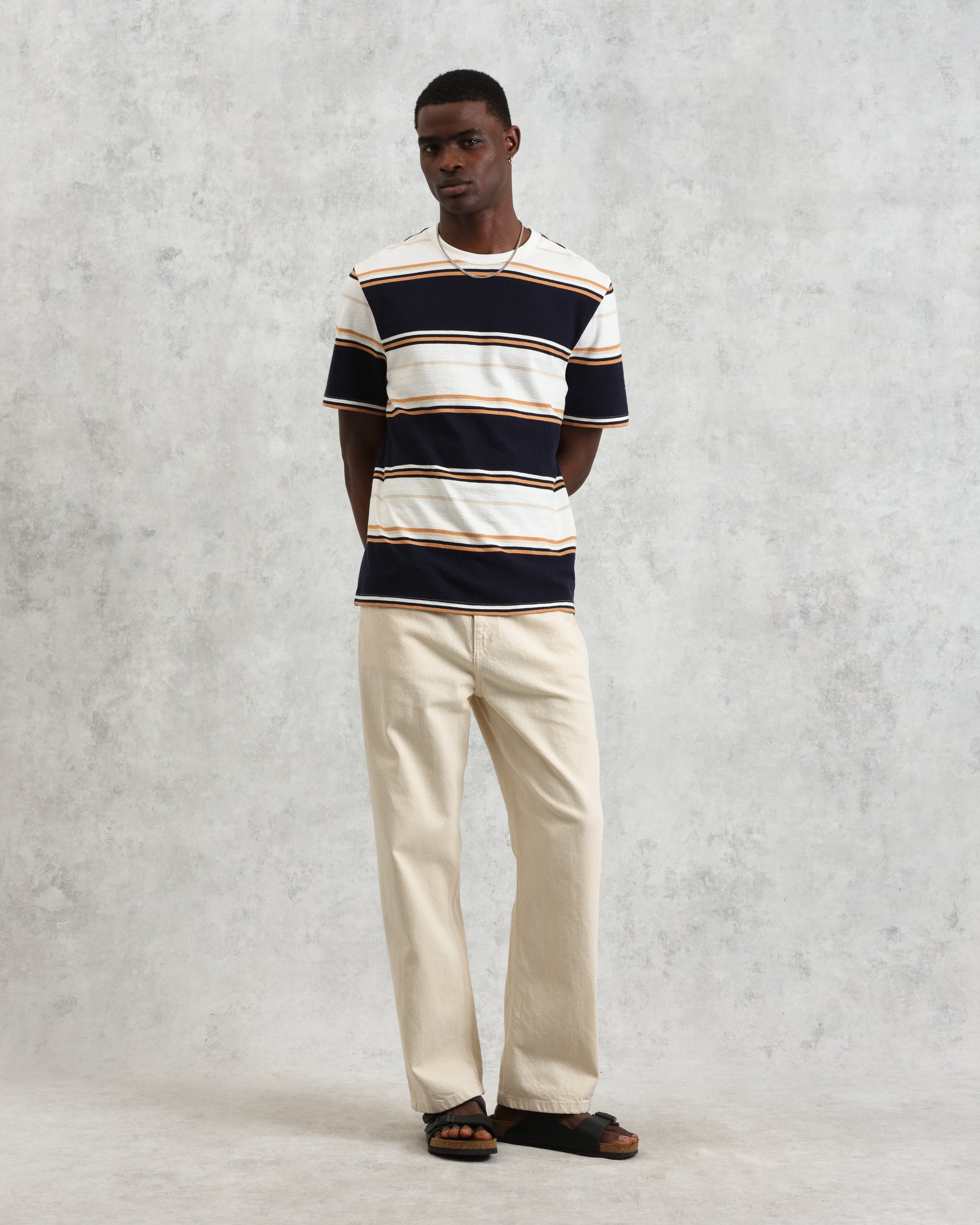 wax london men's Dean - Navy And Ecru Stripe Textured Organic Cotton T-Shirt