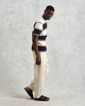 wax london men's Dean - Navy And Ecru Stripe Textured Organic Cotton T-Shirt