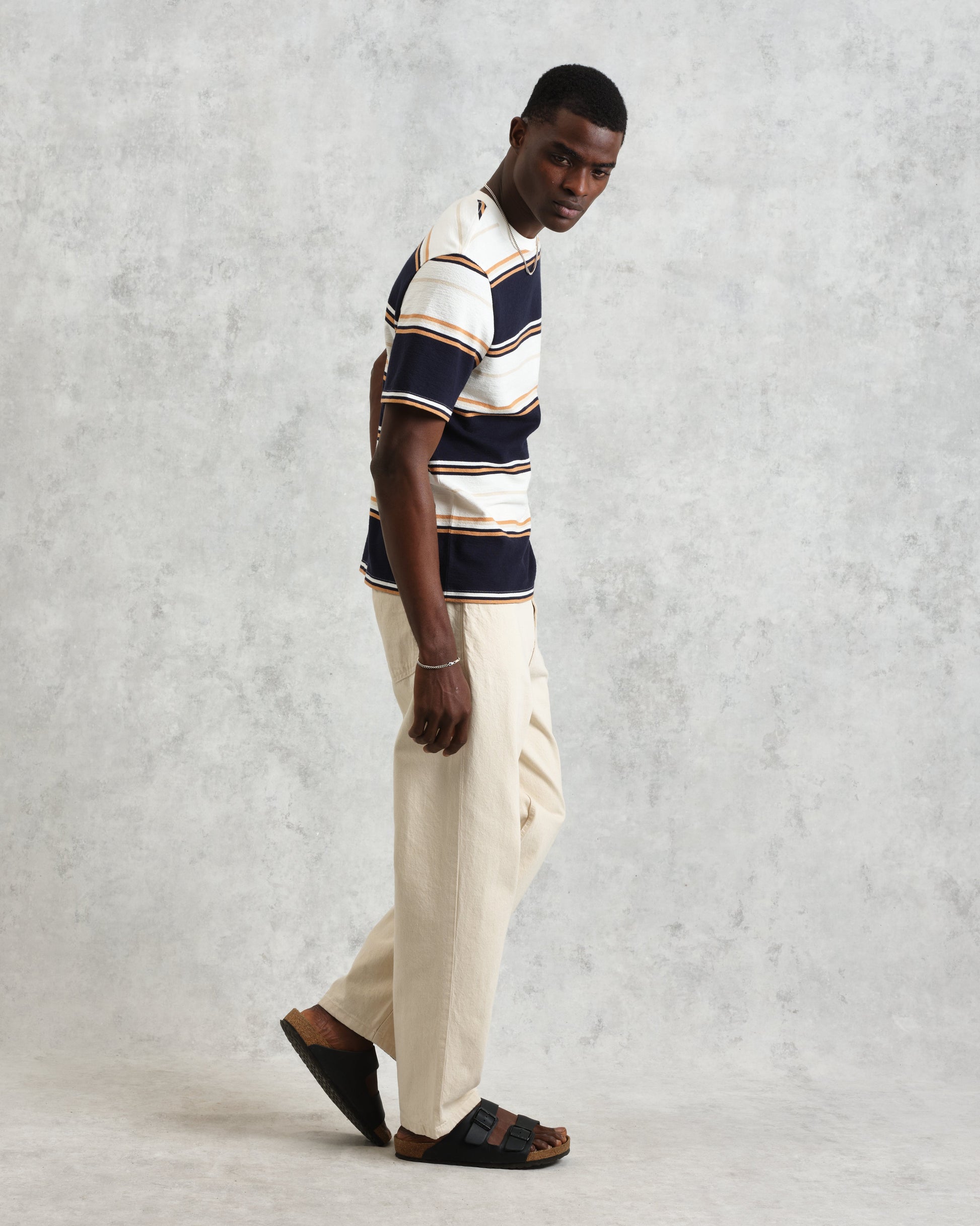 wax london men's Dean - Navy And Ecru Stripe Textured Organic Cotton T-Shirt