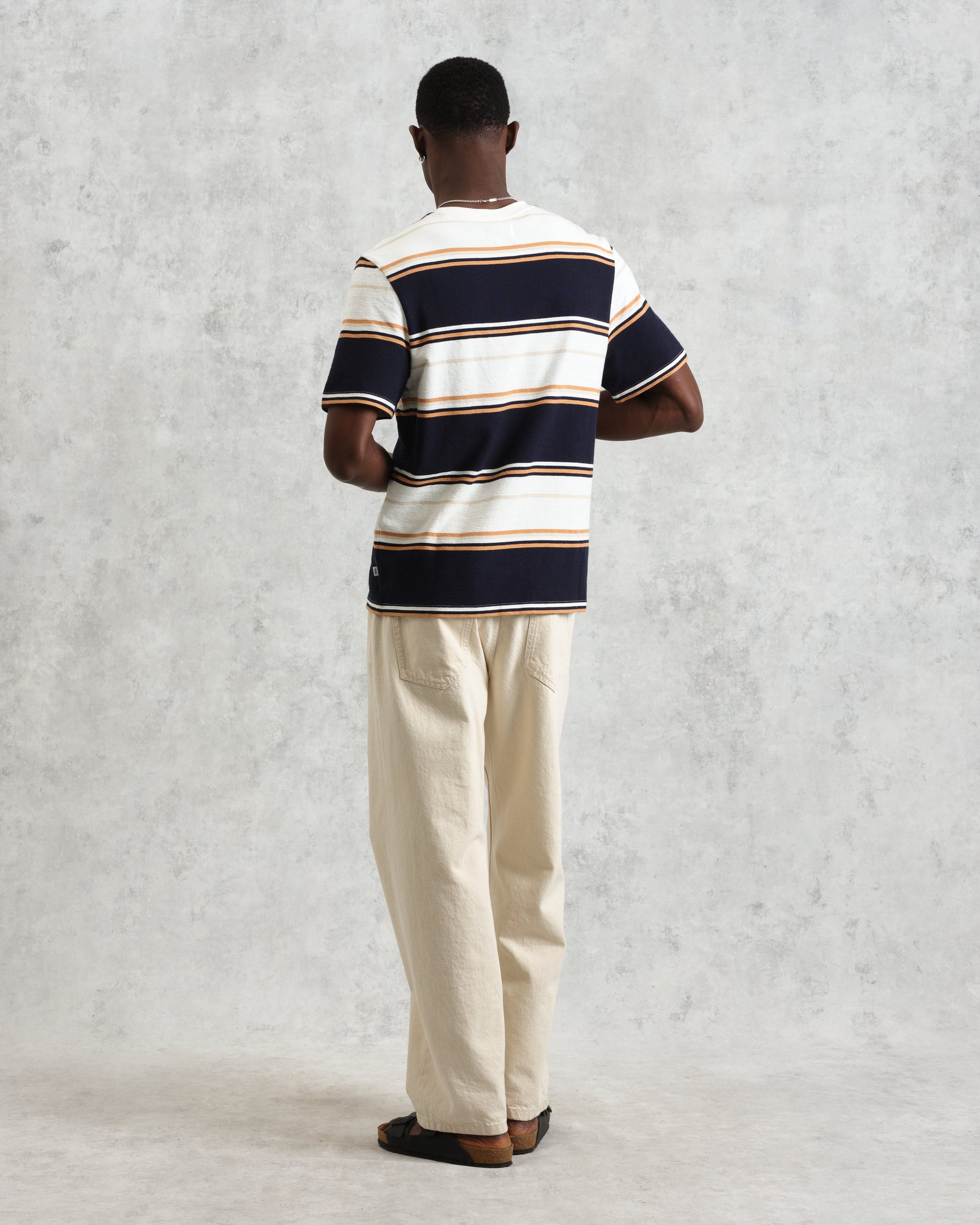 wax london men's Dean - Navy And Ecru Stripe Textured Organic Cotton T-Shirt