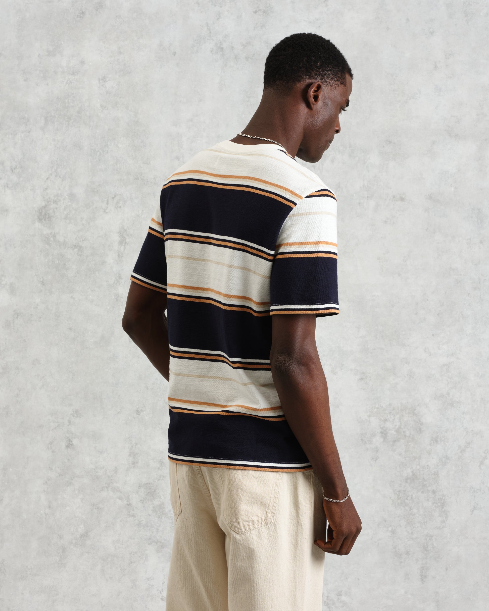 wax london men's Dean - Navy And Ecru Stripe Textured Organic Cotton T-Shirt