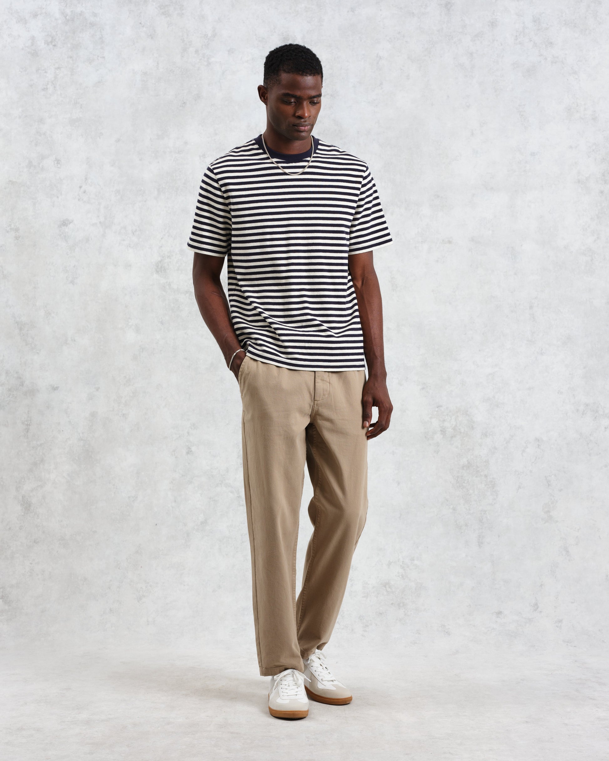 wax london men's Dean - Navy/Ecru Striped Textured Organic Cotton T-Shirt
