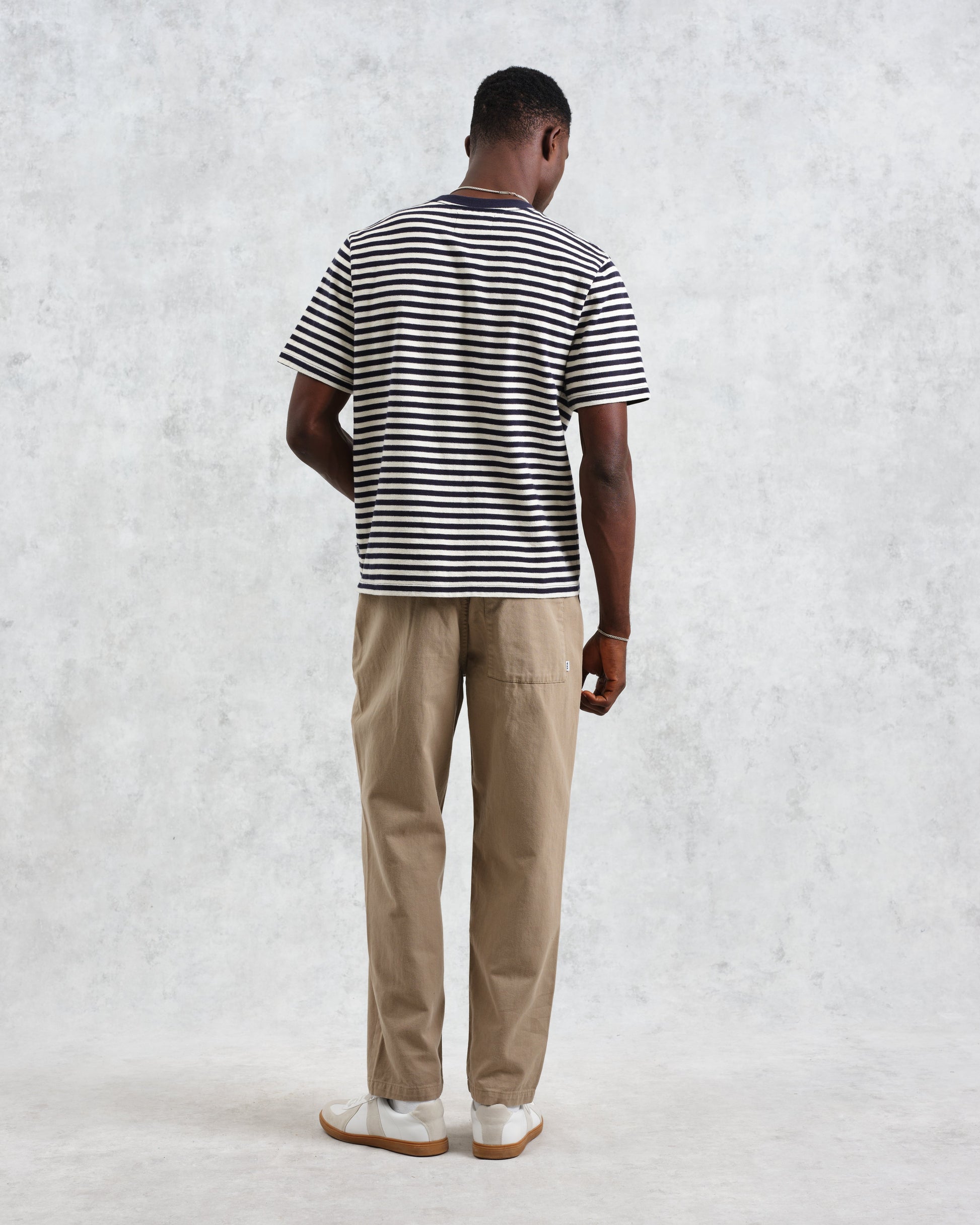 wax london men's Dean - Navy/Ecru Striped Textured Organic Cotton T-Shirt