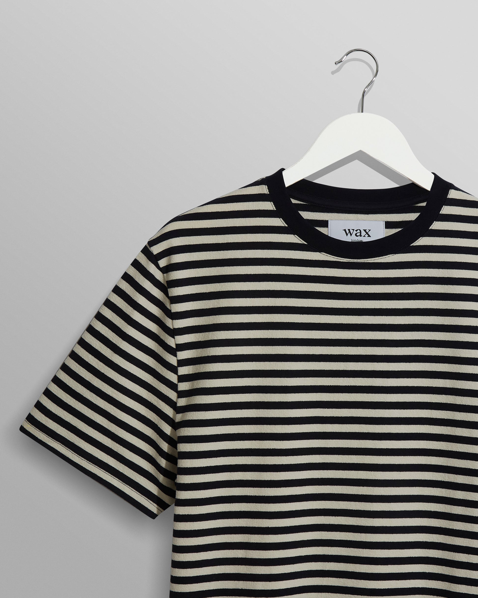 wax london men's Dean - Navy/Ecru Striped Textured Organic Cotton T-Shirt