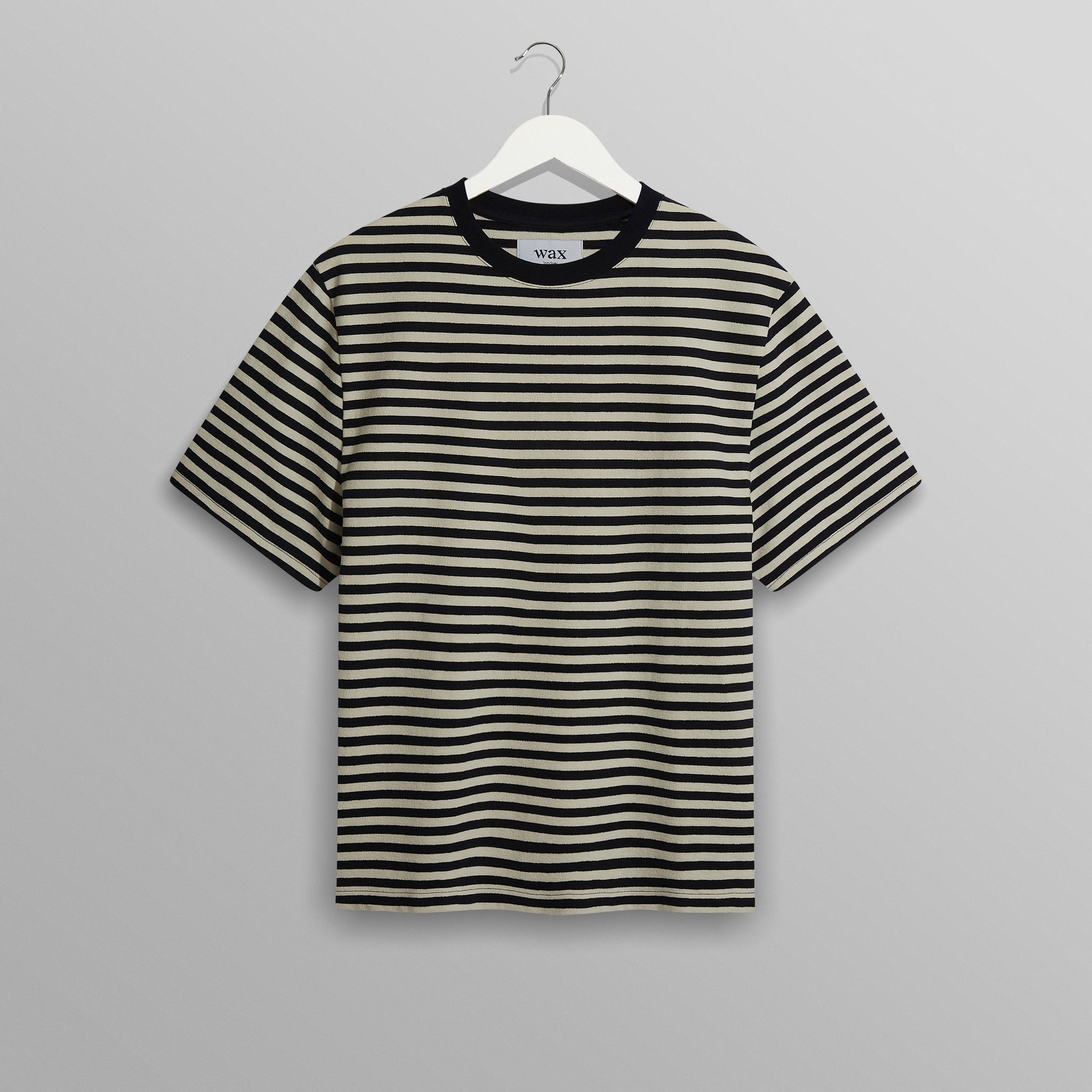 wax london men's Dean - Navy/Ecru Striped Textured Organic Cotton T-Shirt