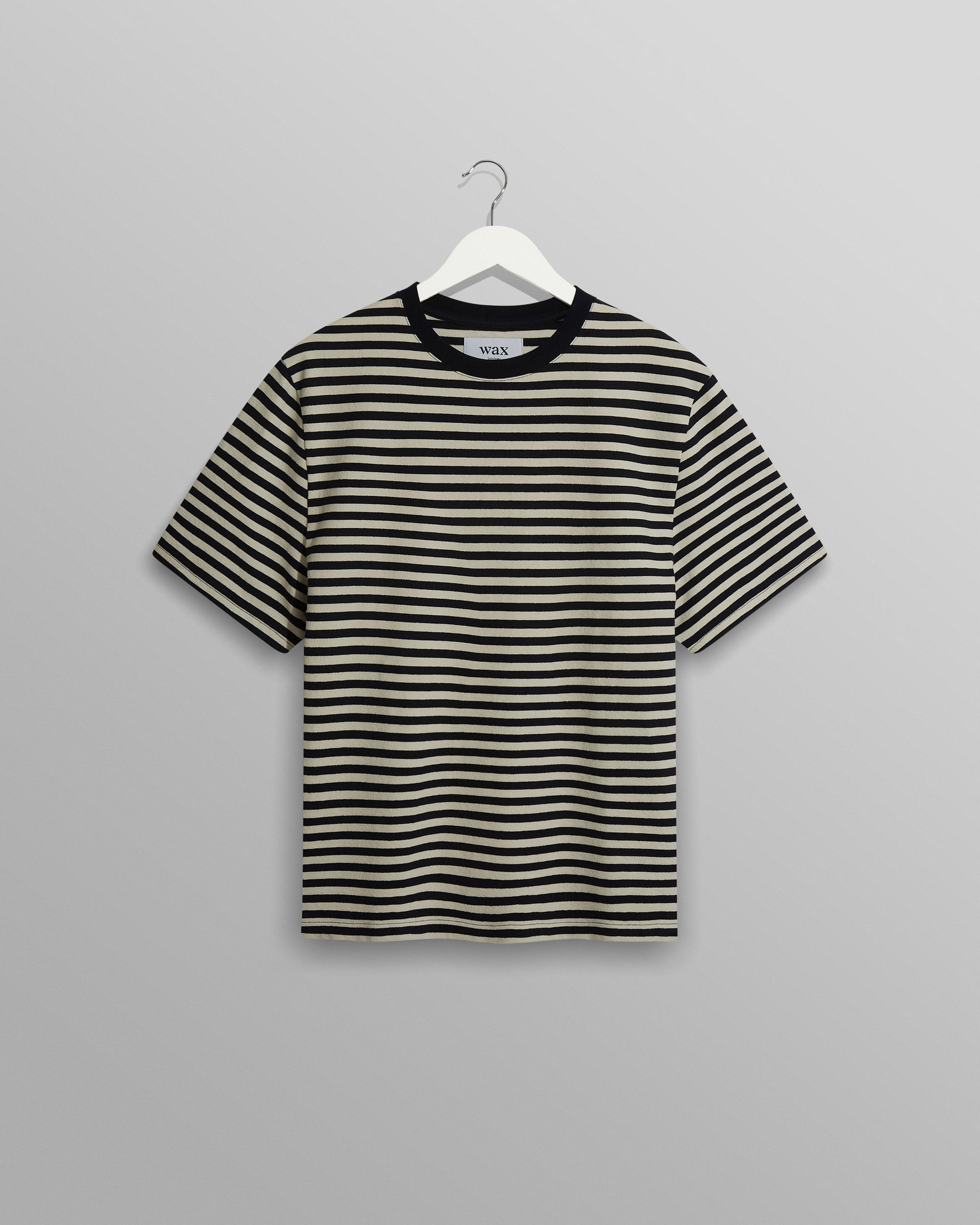 wax london men's Dean - Navy/Ecru Striped Textured Organic Cotton T-Shirt