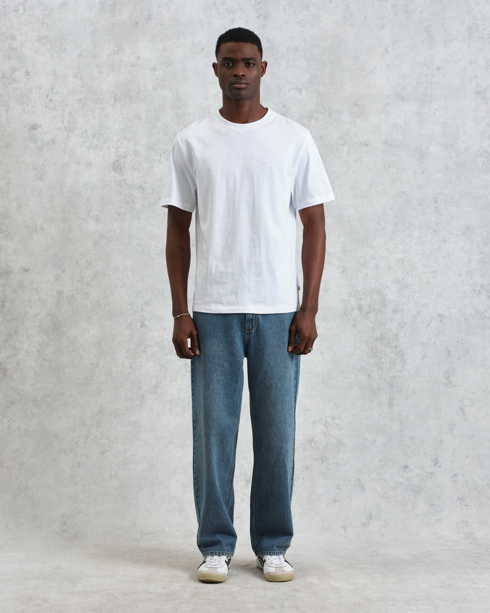 wax london men's Dean - White Embroidered Logo Organic Cotton T-Shirt