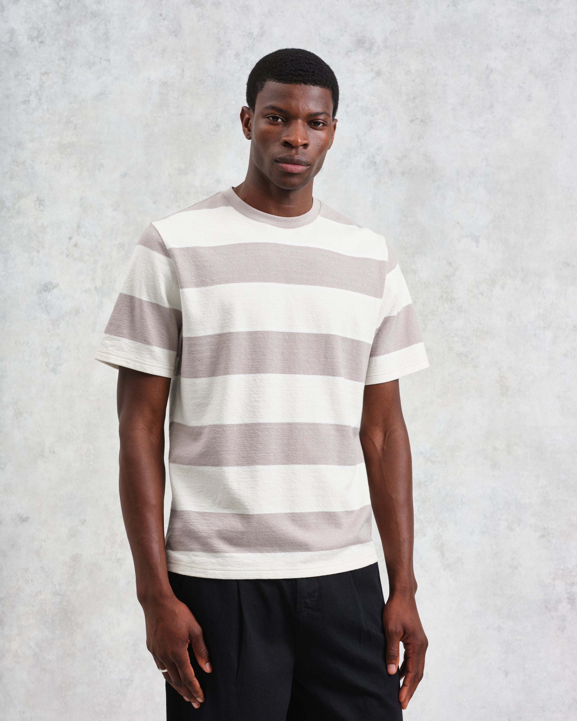 wax london men's Dean - Taupe Grey And Ecru Stripe Textured Organic Cotton T-Shirt